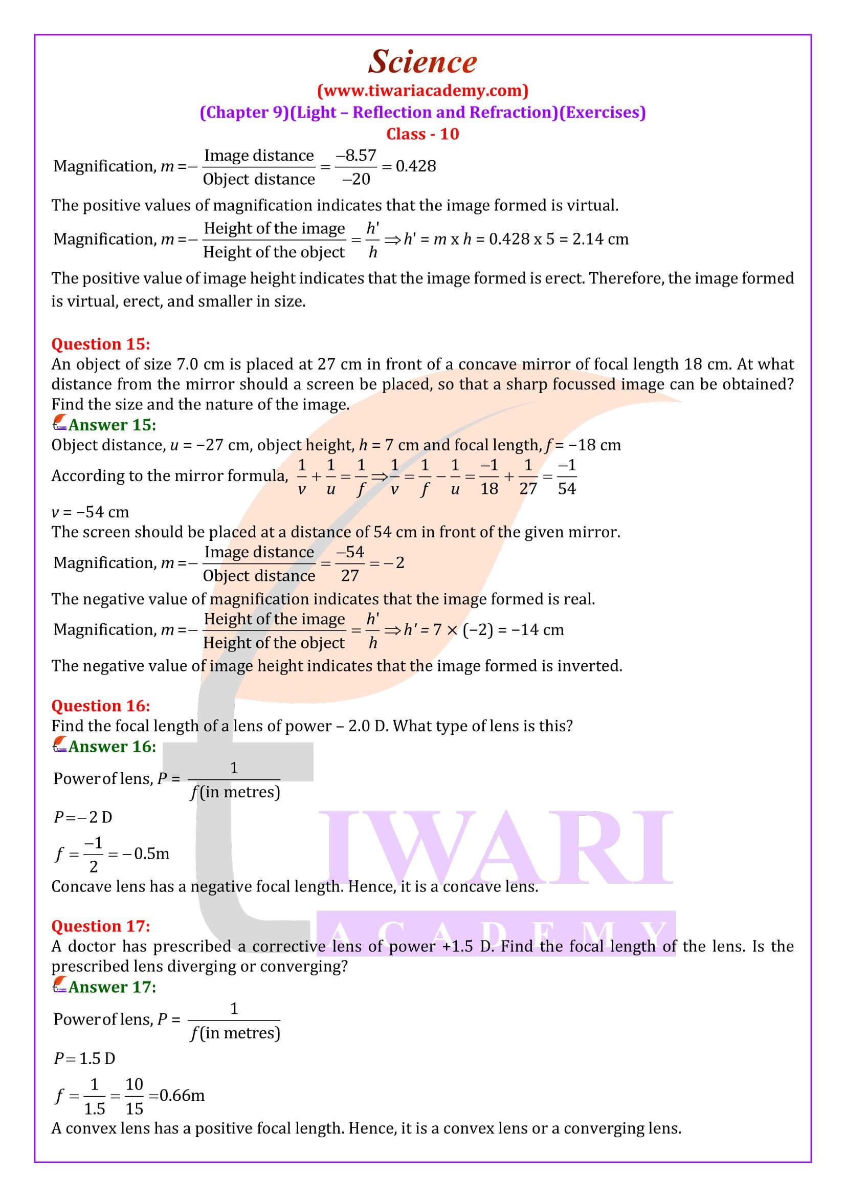 NCERT Solutions for Class 10 Science Chapter 9 in English Medium