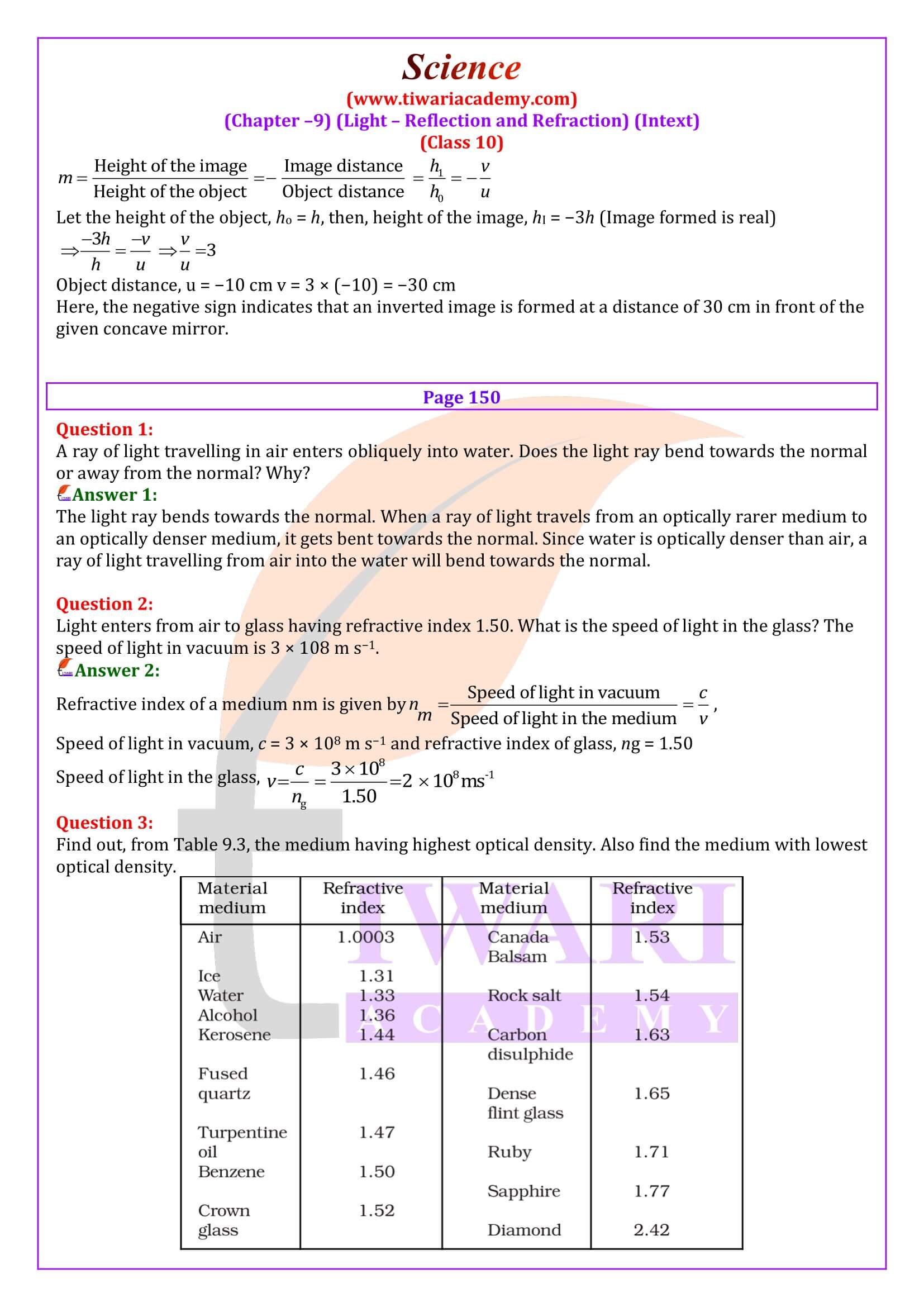 Light Reflection and Refraction Class 10 Notes Science Chapter 10