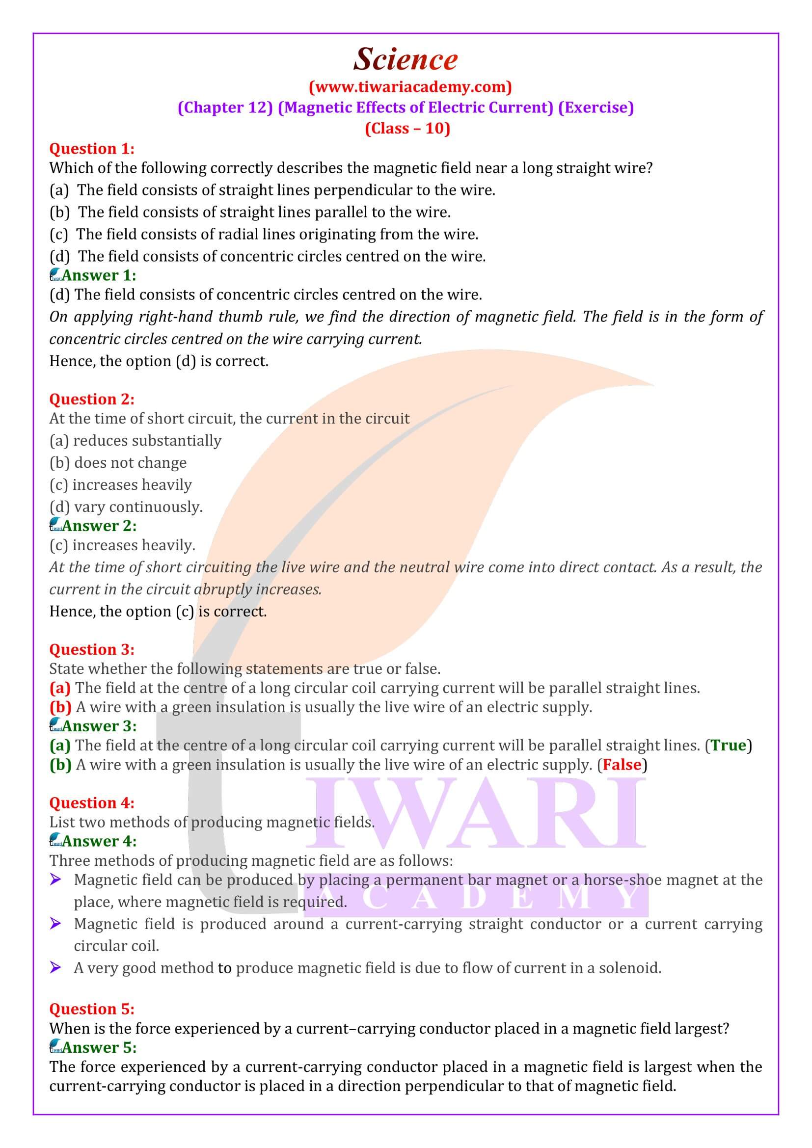 Class 10 Science Chapter 12 Magnetic Effect of Electric Current