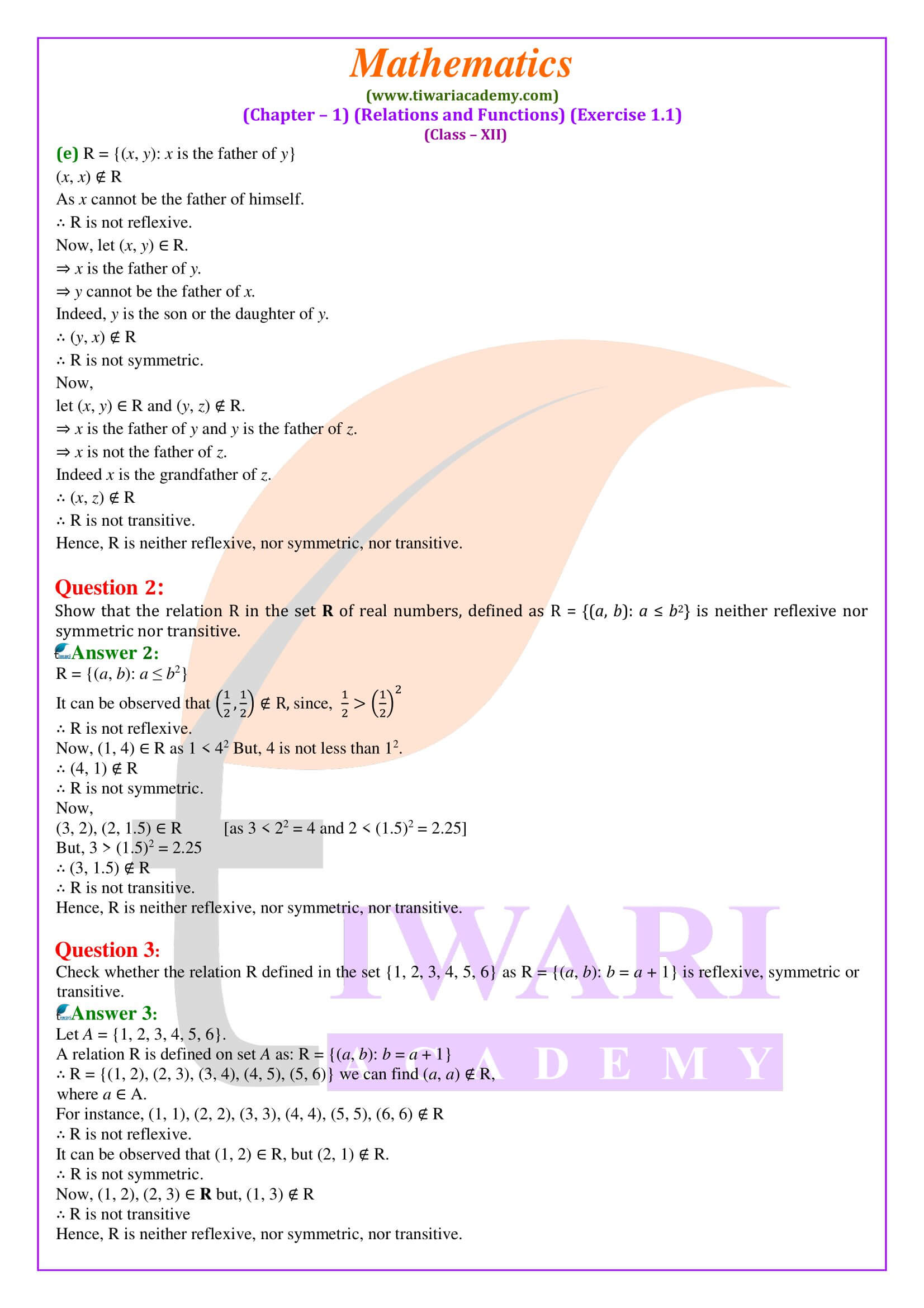 Class 12 Maths Exercise 1.1 solutions in English Medium