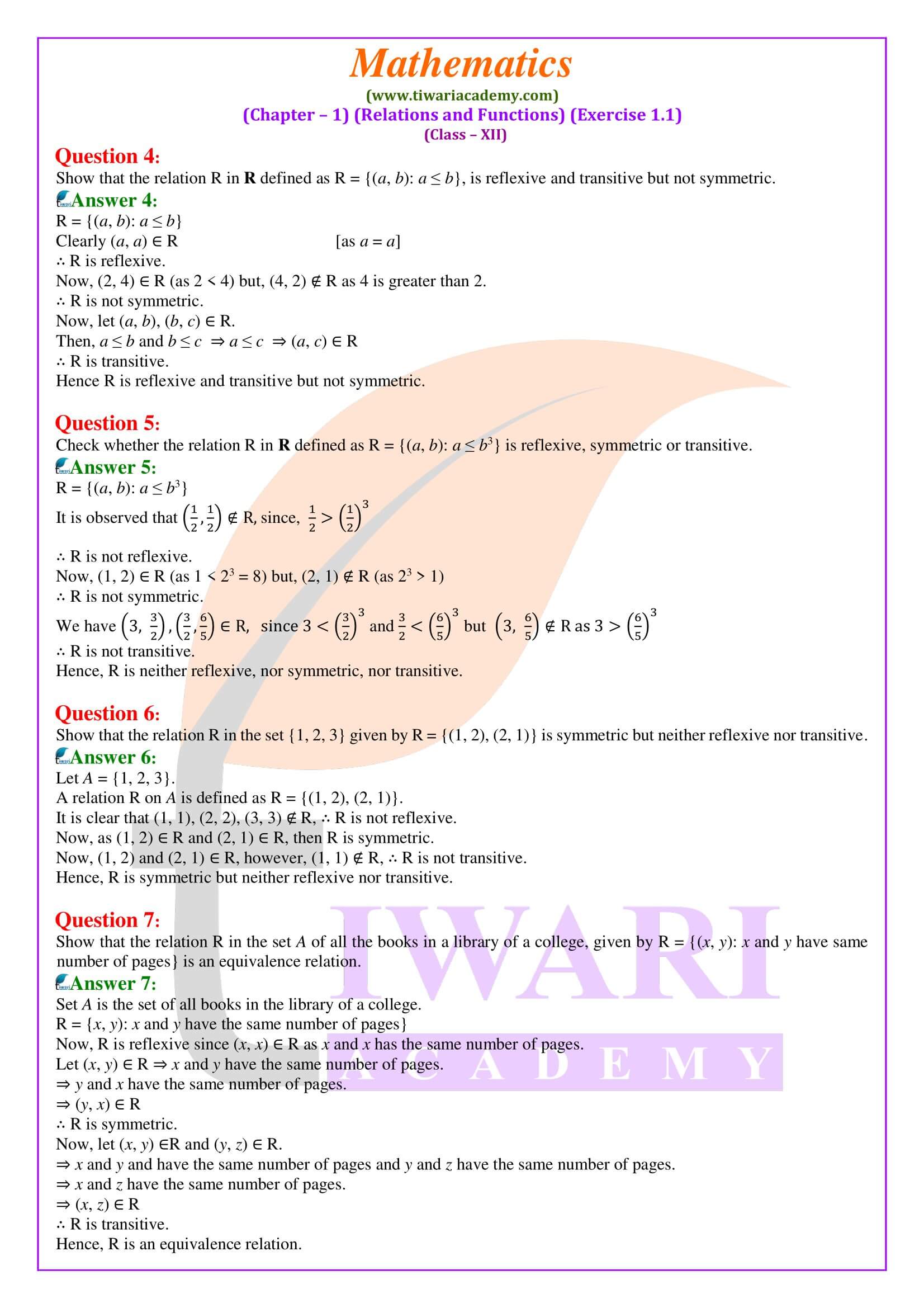 English medium solutions of Class 12 Maths Exercise 1.1