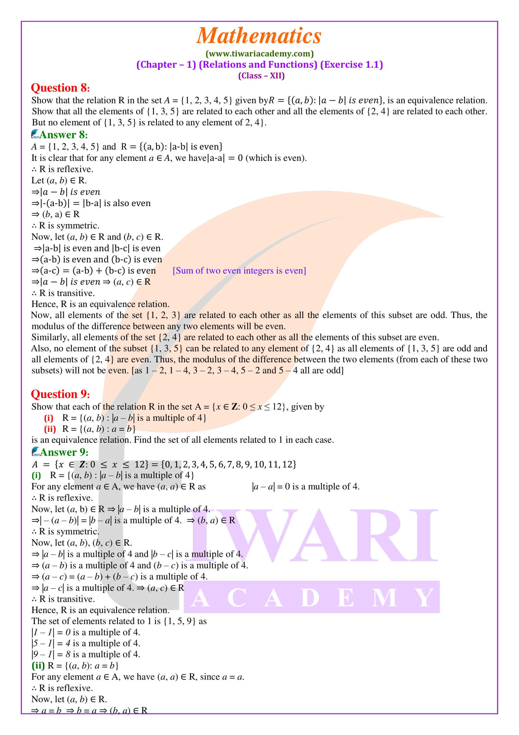 Class 12 Ex. 1.1 solutions