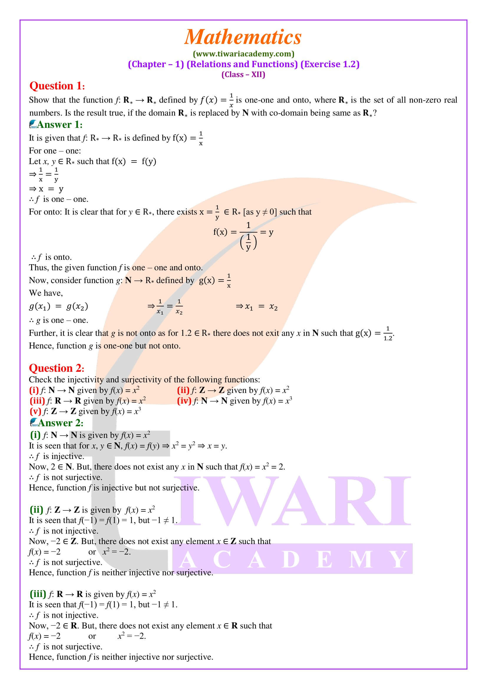 Class 12 Maths Exercise 1.2 solutions