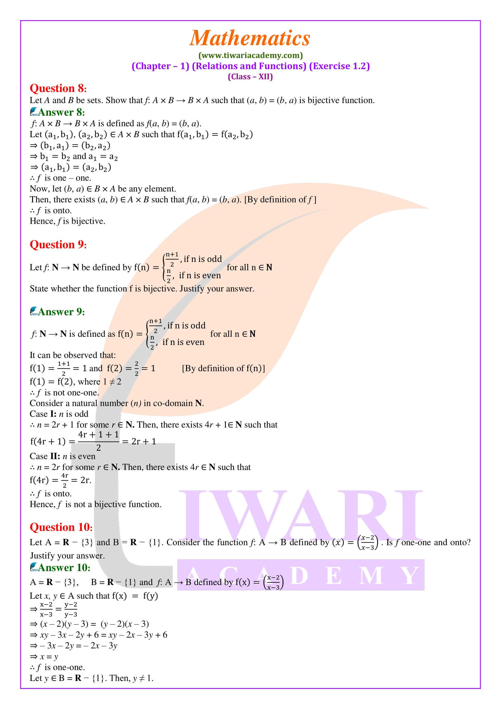 class XII solutions maths ex. 1.2