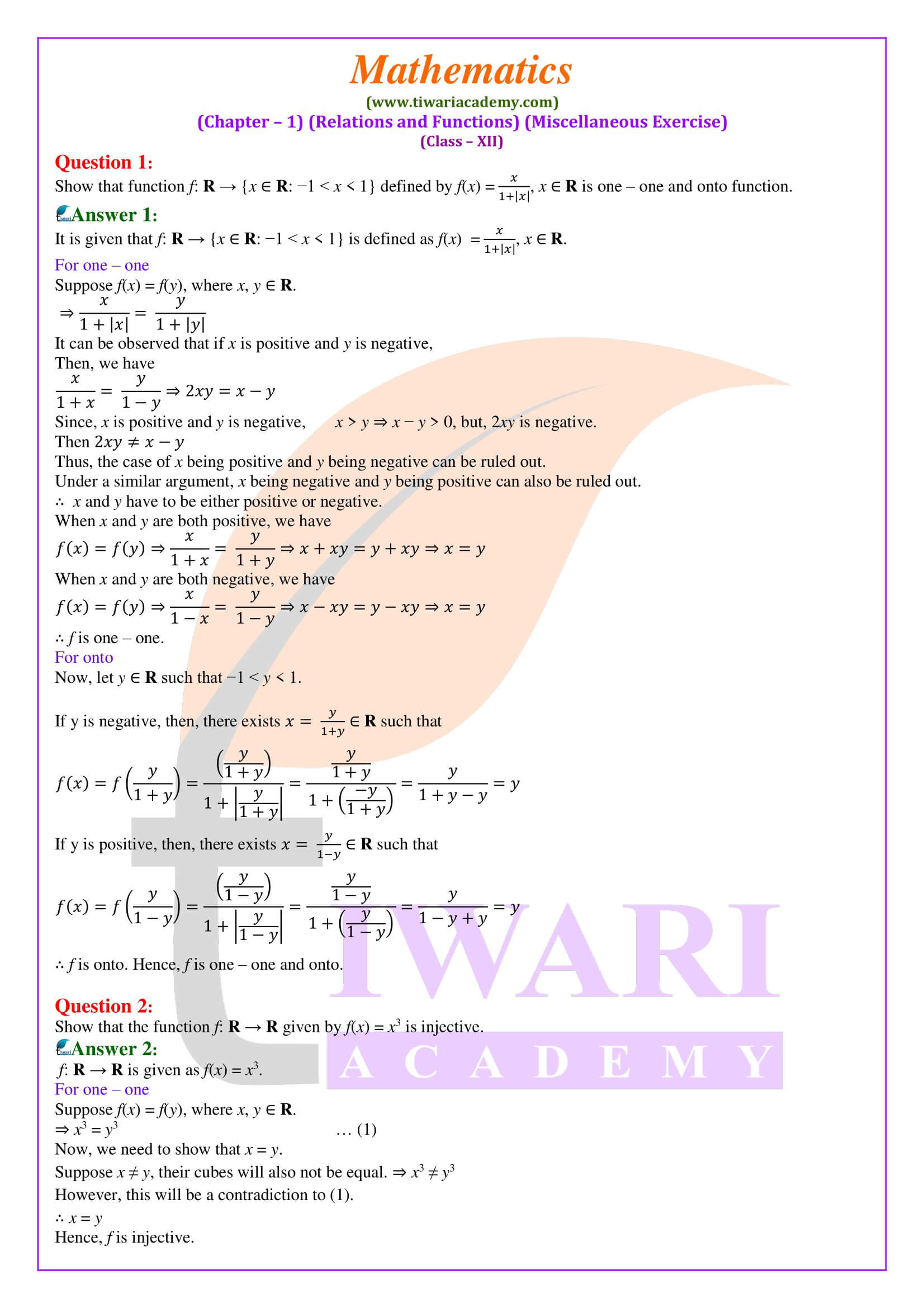 Class 12 Maths Chapter 1 Miscellaneous Exercise