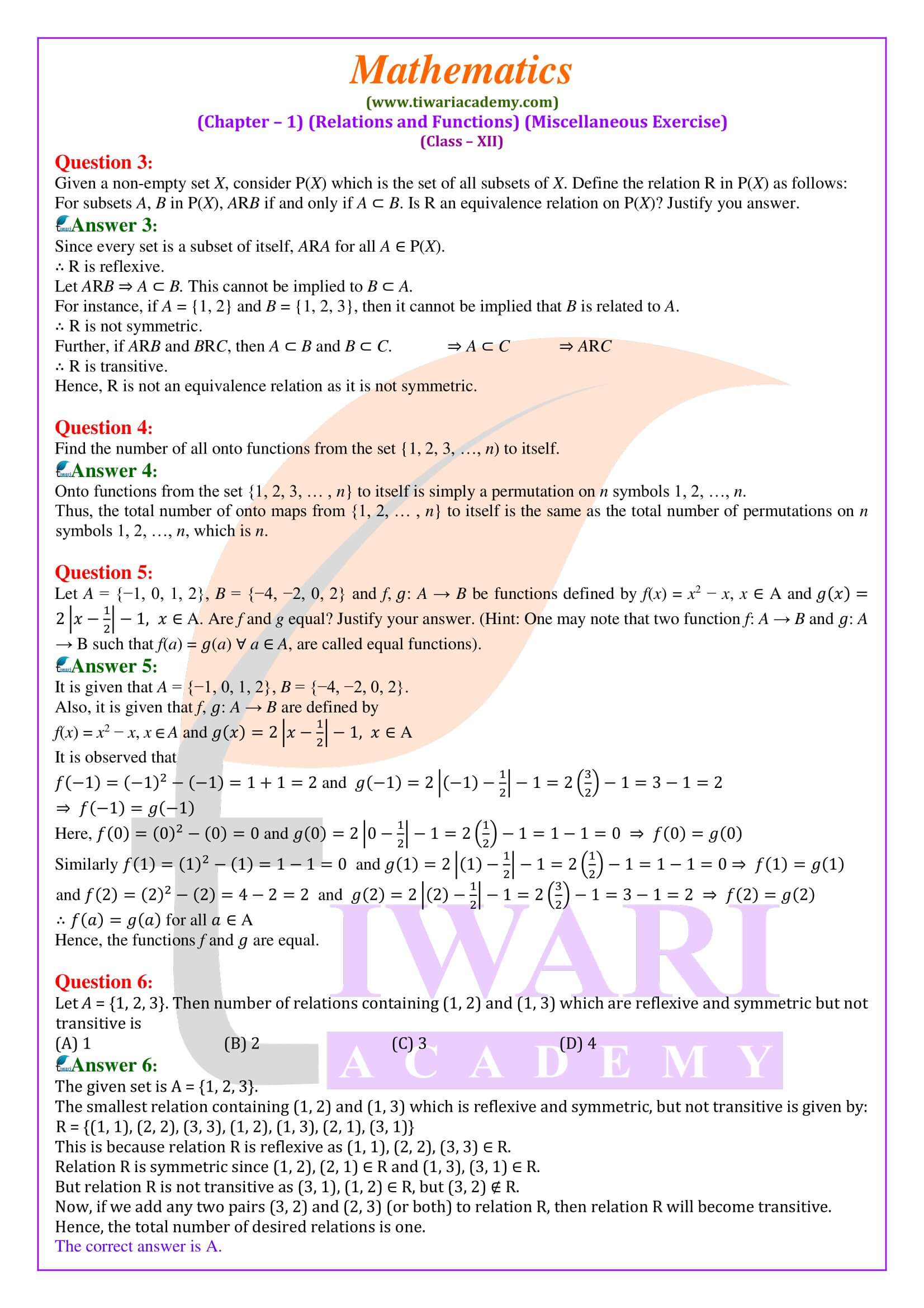 NCERT Solutions for Class 12 Maths Chapter 1 Miscellaneous Exercise