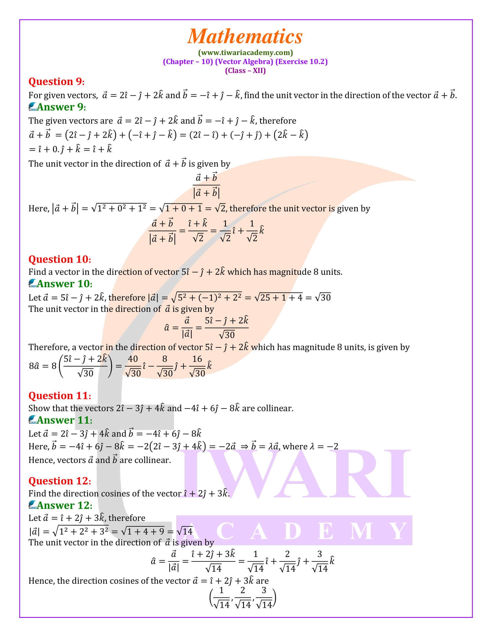 NCERT Class 12 Maths Exercise 10.2 solutions