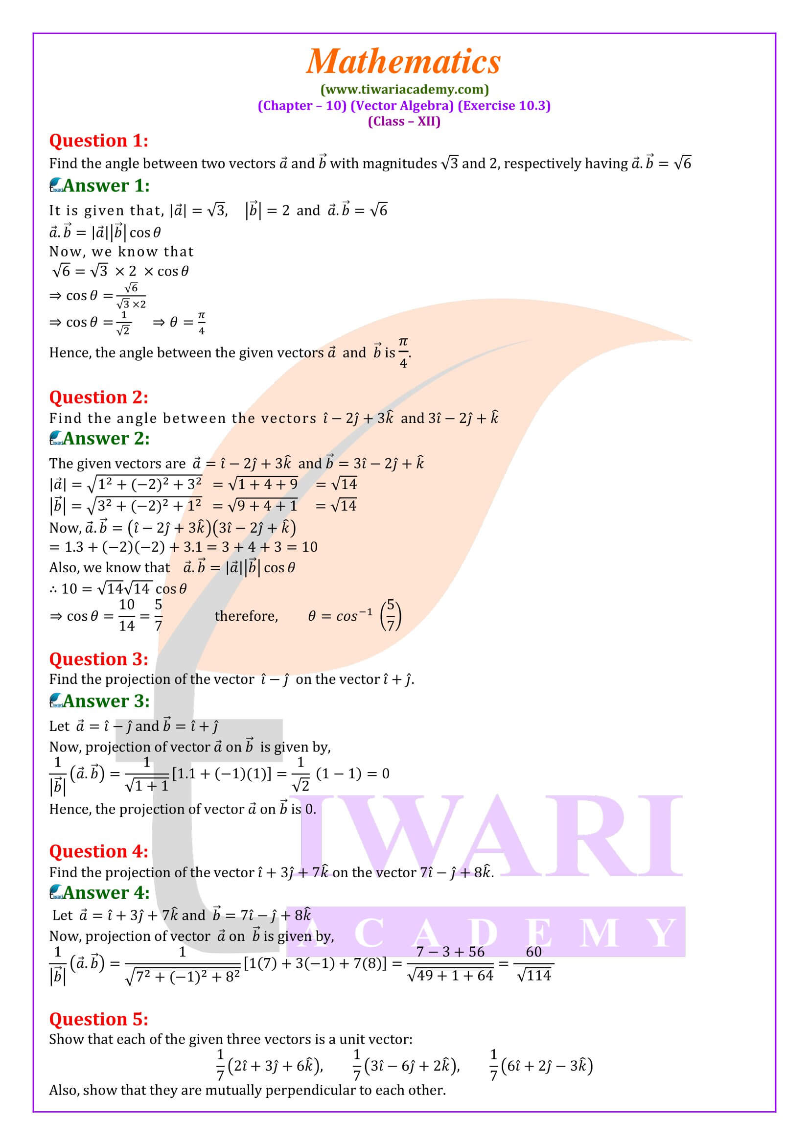 Class 12 Maths Exercise 10.3 solutions in English Medium