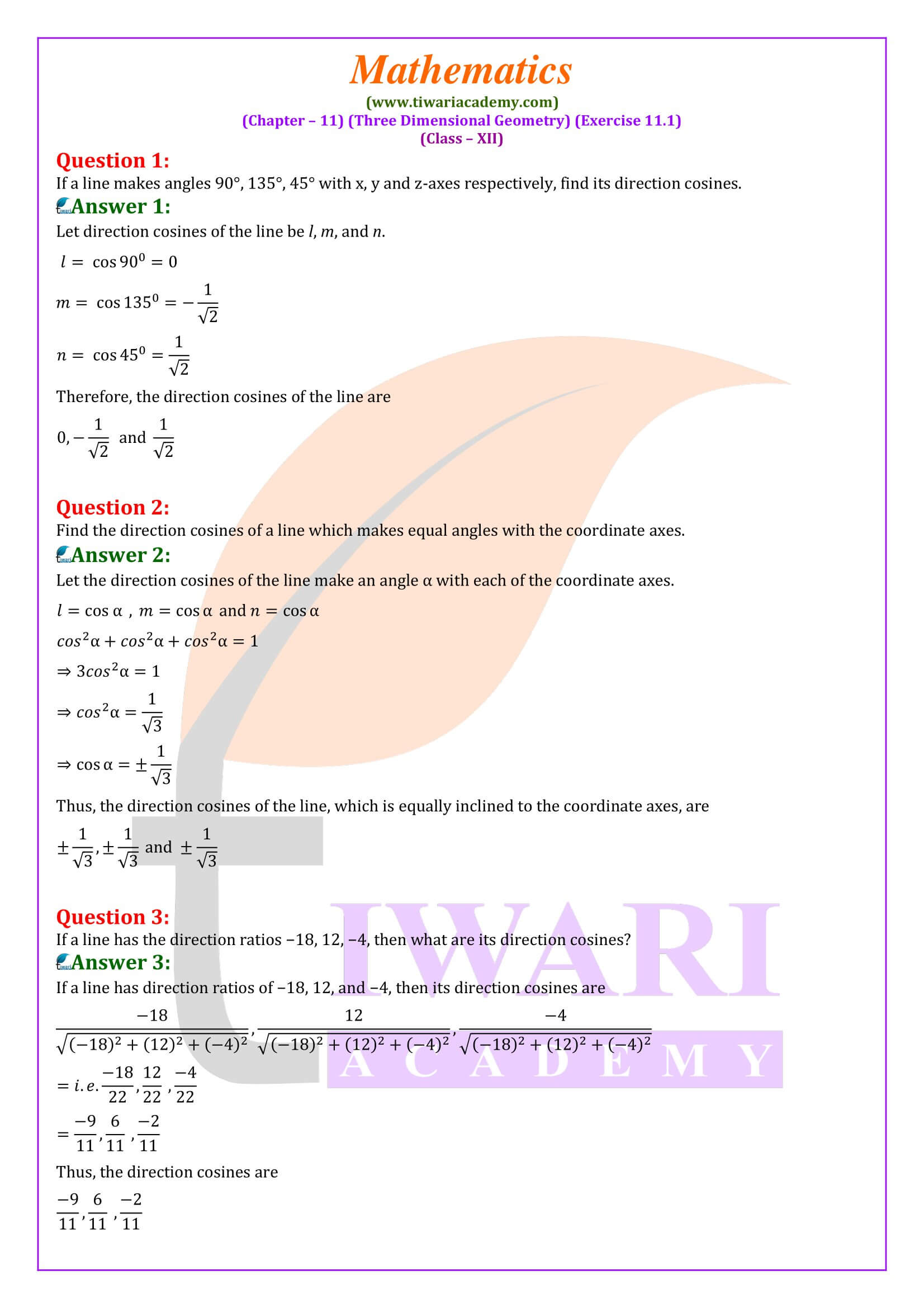 Class 12 Maths Exercise 11.1 solutions in English Medium