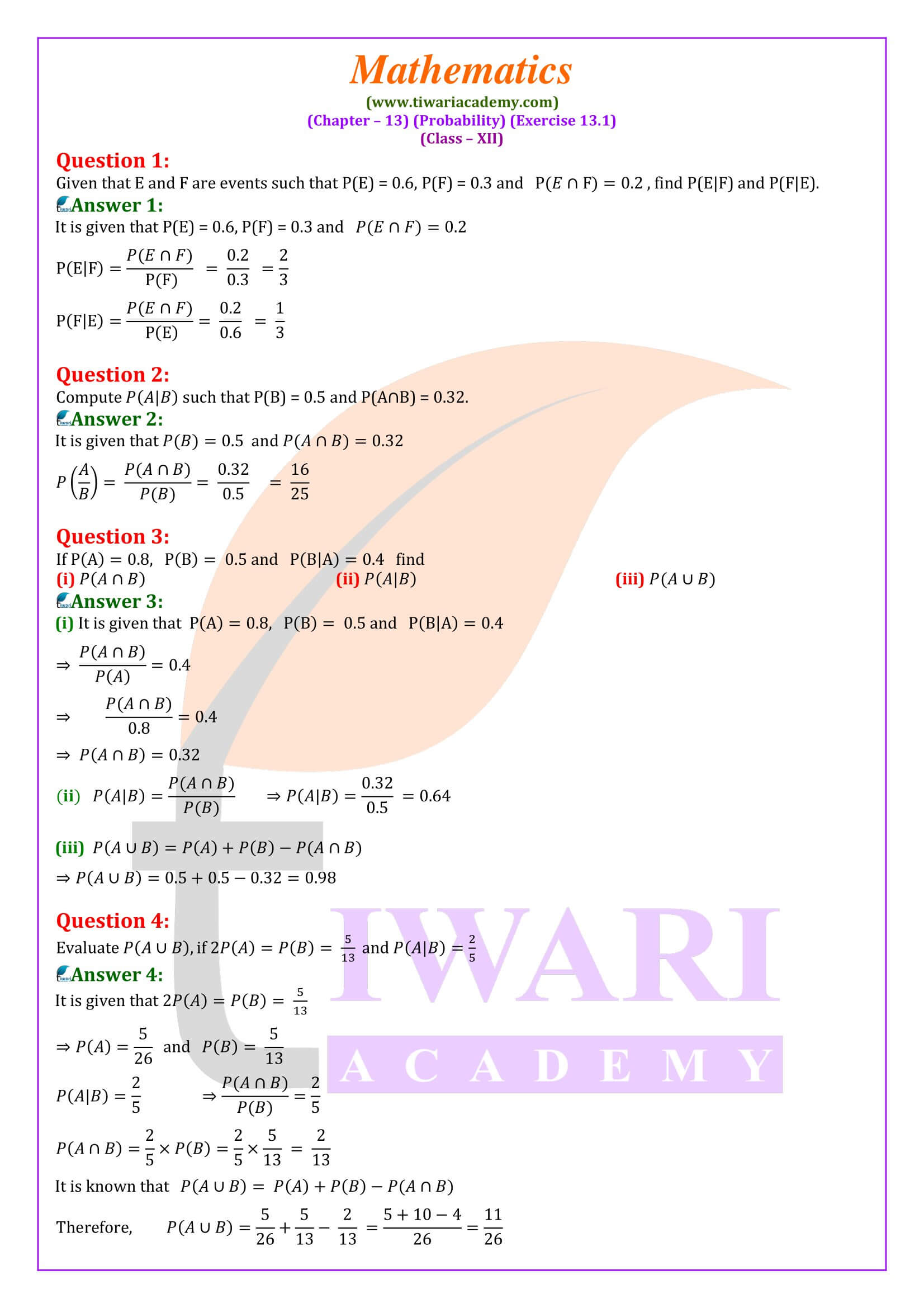 Class 12 Maths Exercise 13.1 solutions in English Medium