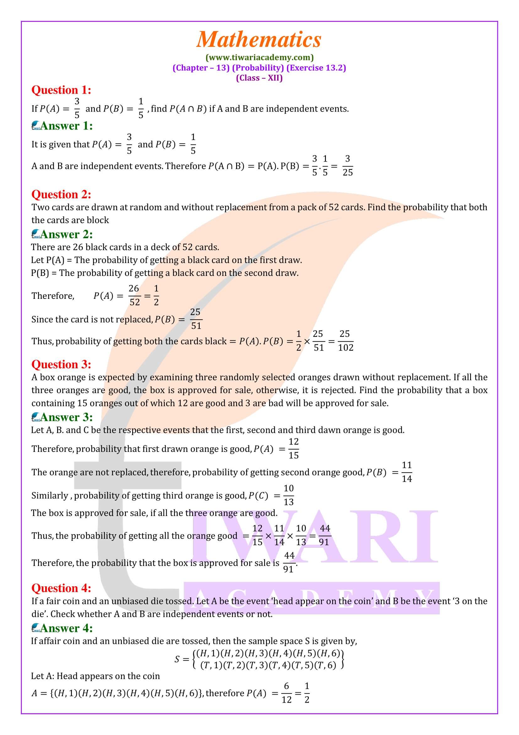Class 12 Maths Exercise 13.2 solutions