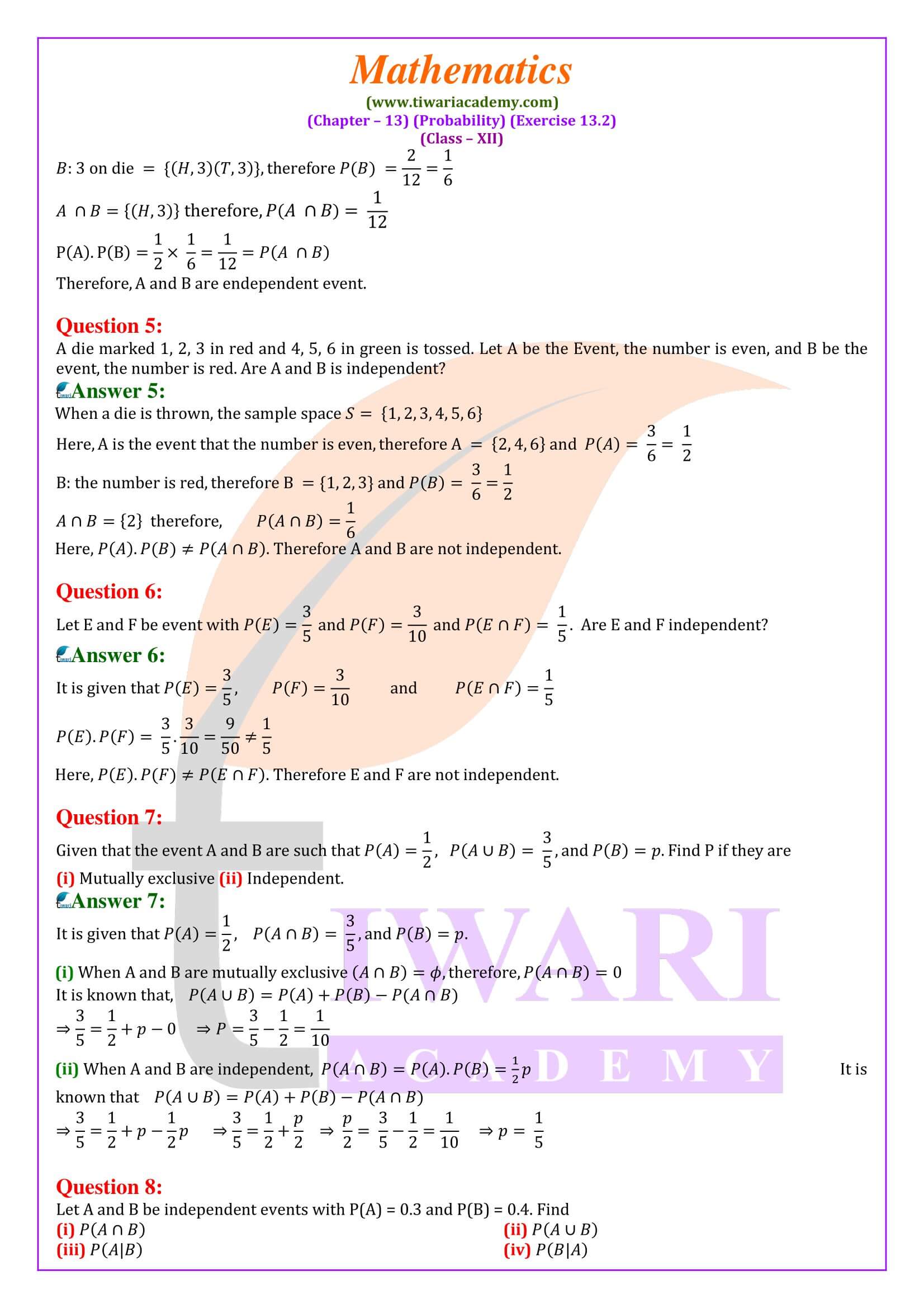 NCERT Class 12 Maths Exercise 13.2 solutions in English Medium