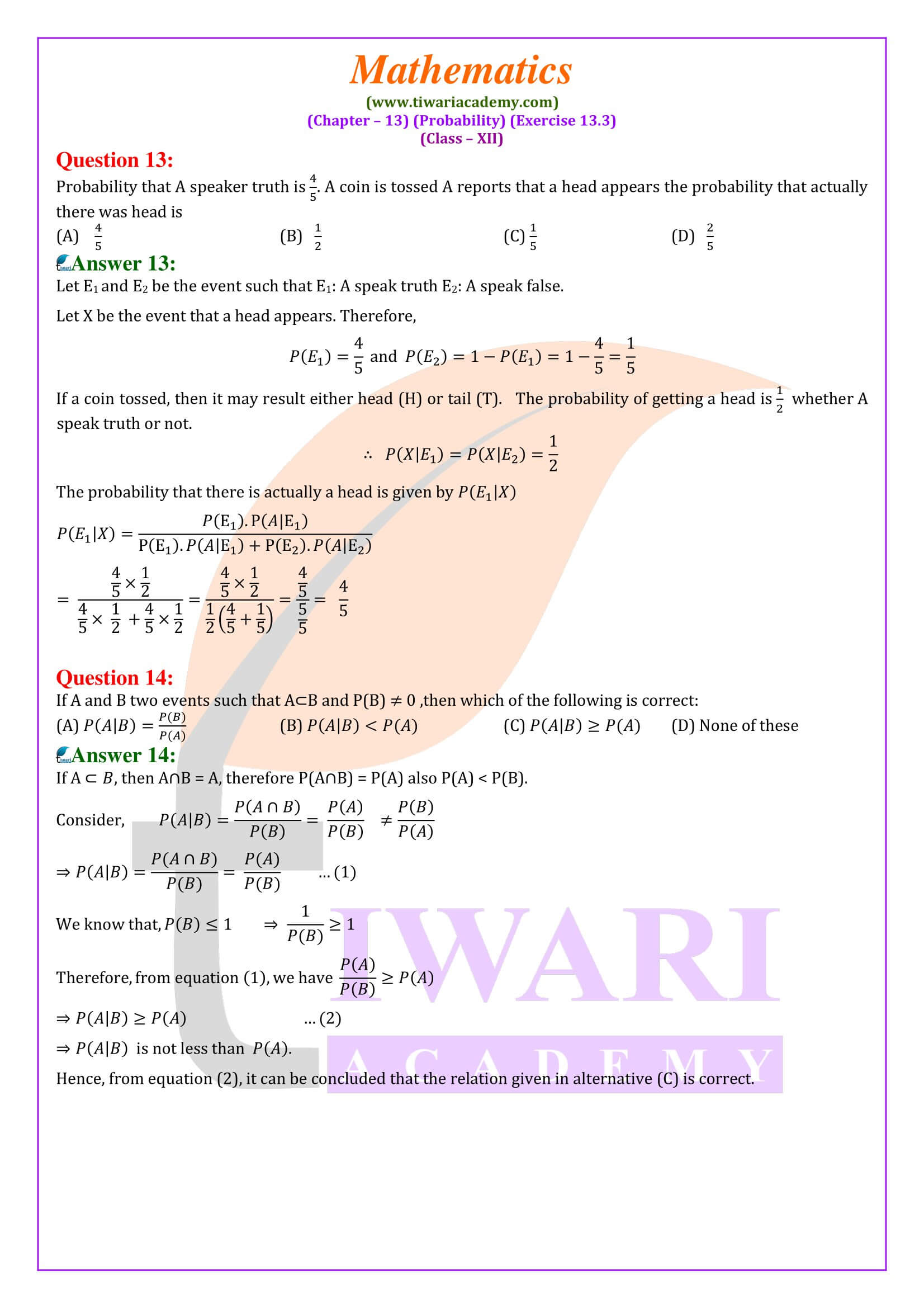 Ex. 13.3 Probability class 12 Maths