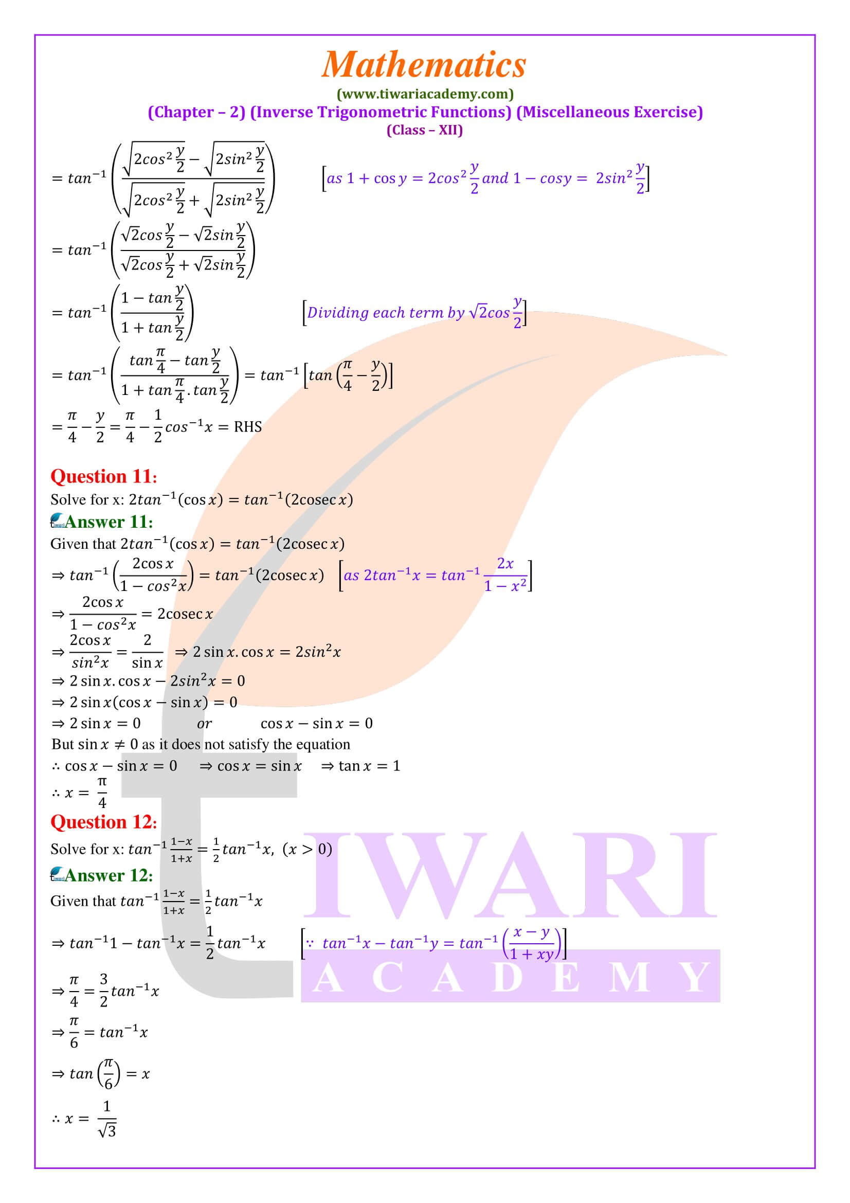 Class 12 Maths Chapter 2 Misc. Ex. solutions in English medium