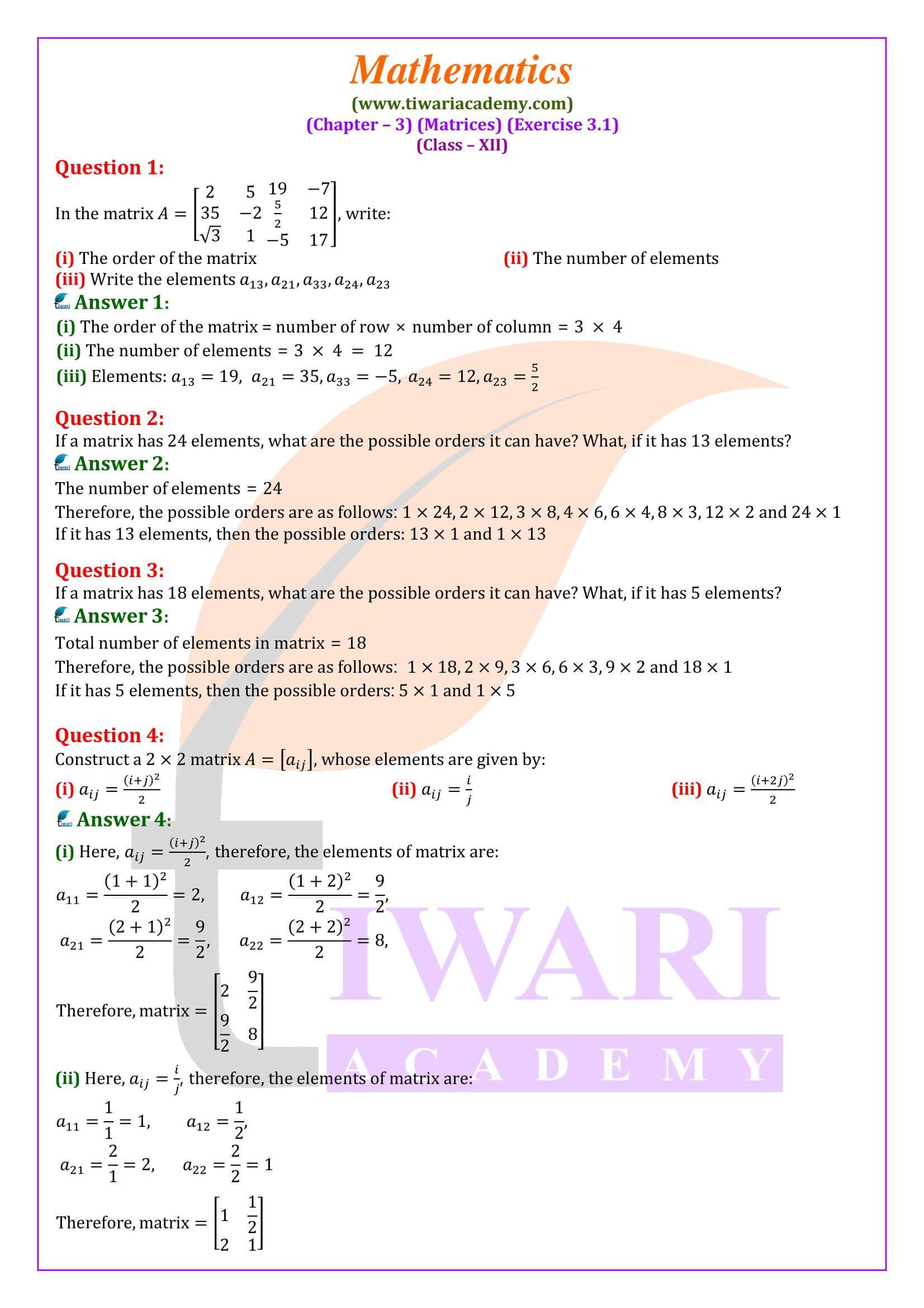 Class 12 Maths Exercise 3.1 solutions