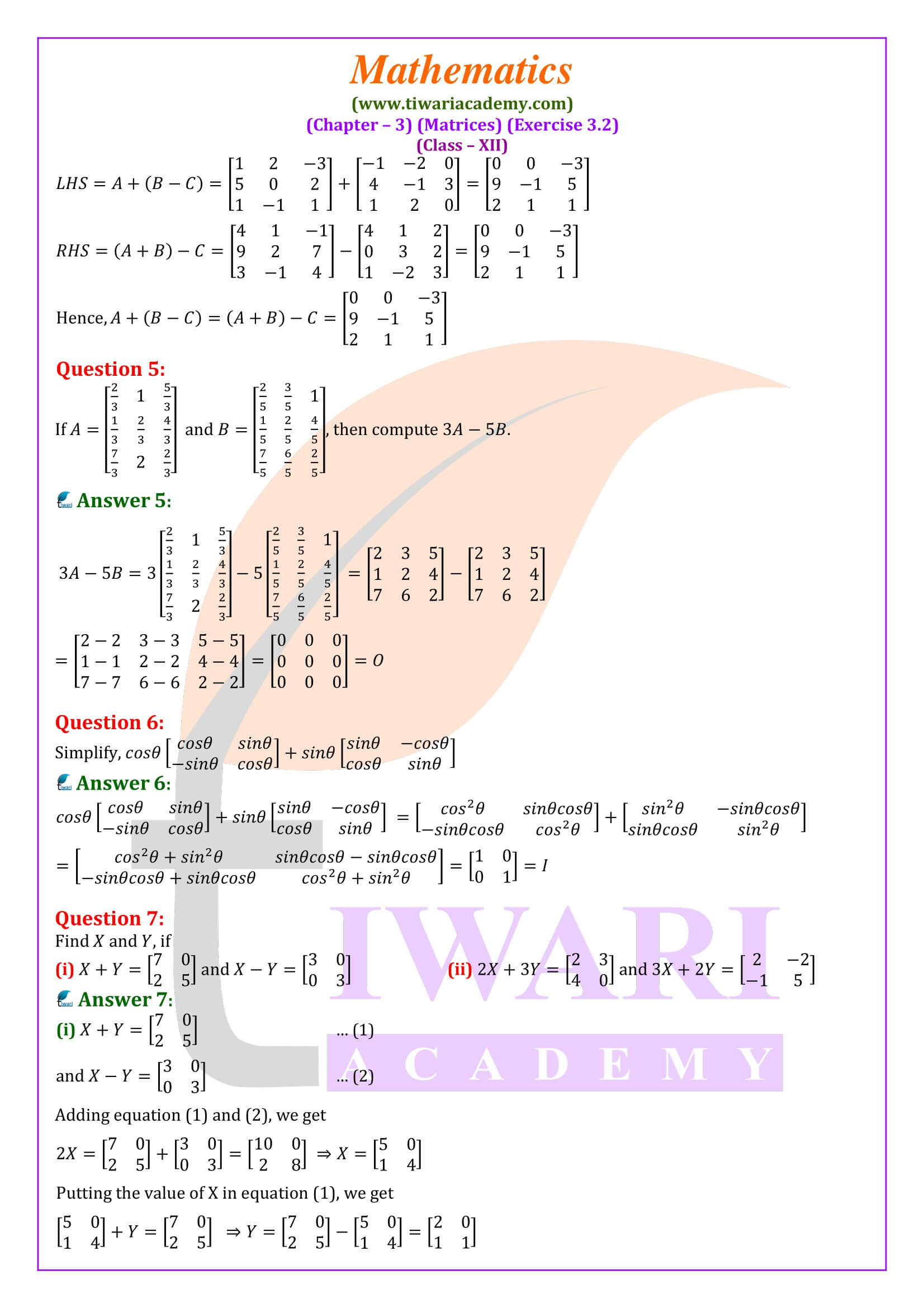 Class 12 Maths Exercise 3.2 solutions in English