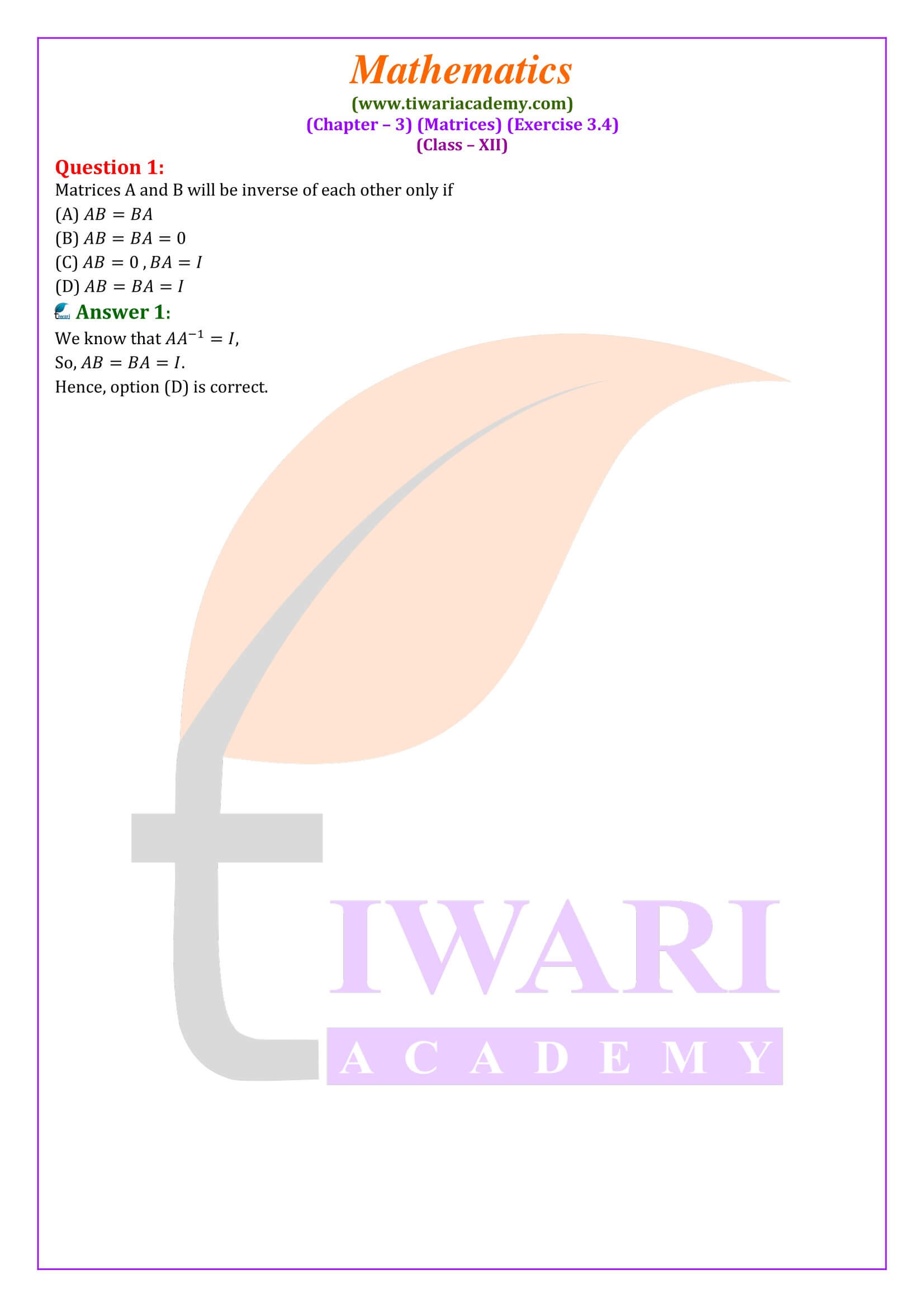 Class 12 Maths Exercise 3.4 solutions