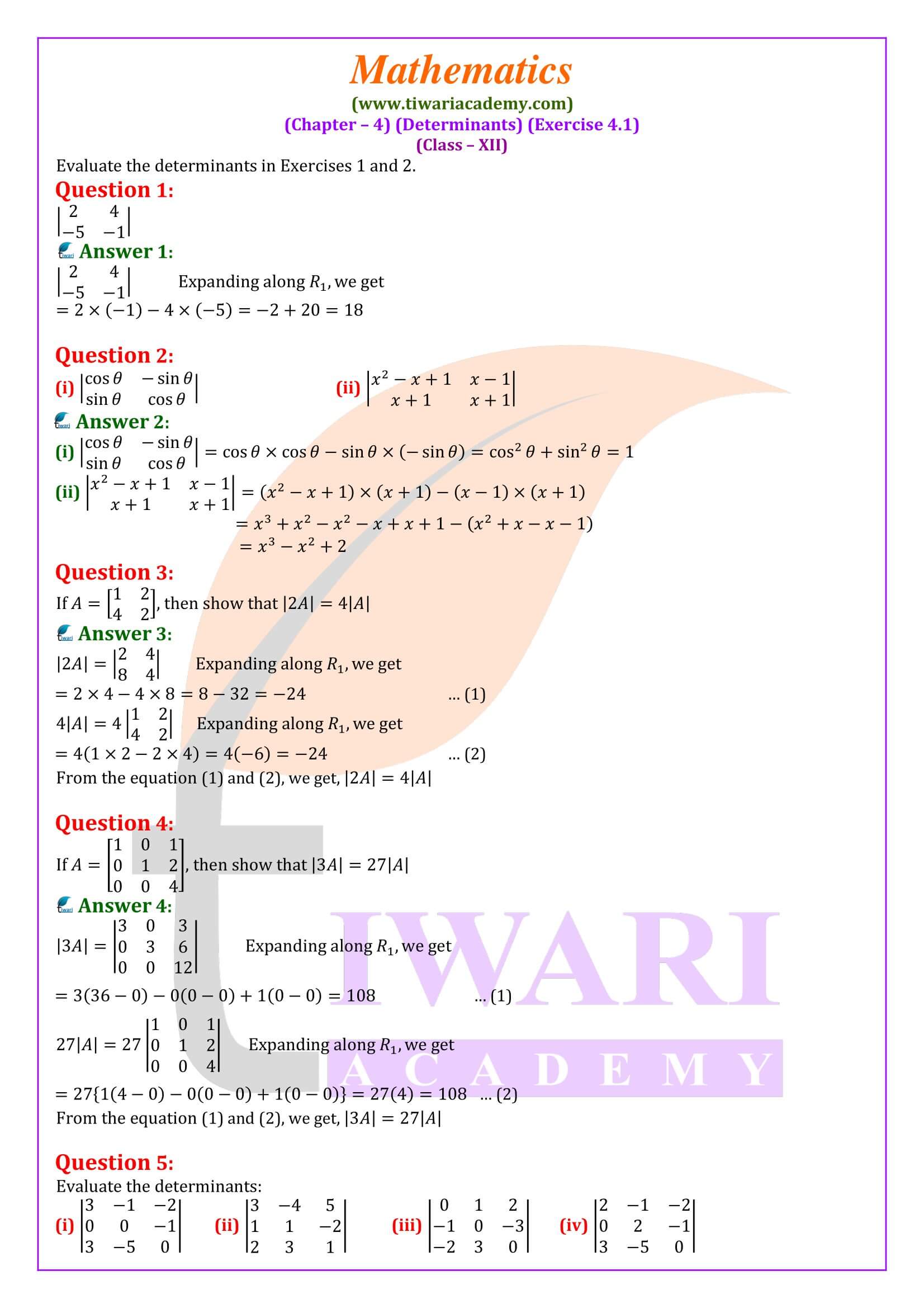 Class 12 Maths Exercise 4.1 in English medium