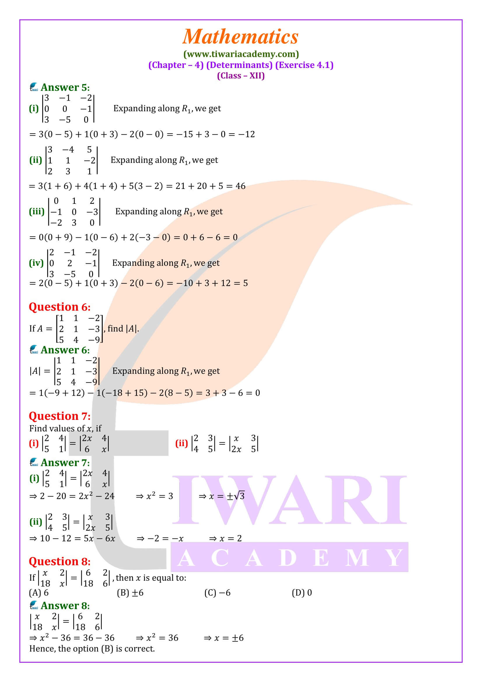 NCERT Solutions for Class 12 Maths Exercise 4.1