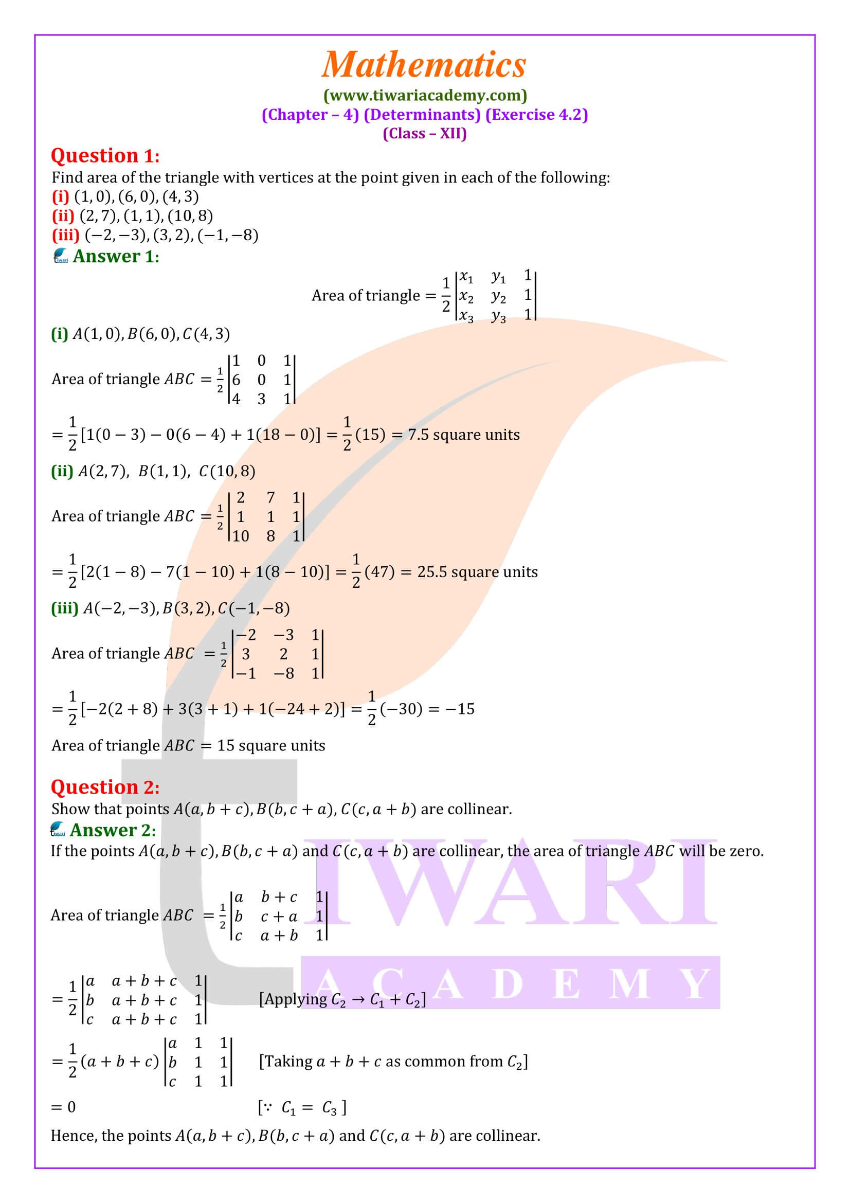 Class 12 Maths Exercise 4.2 in English Medium