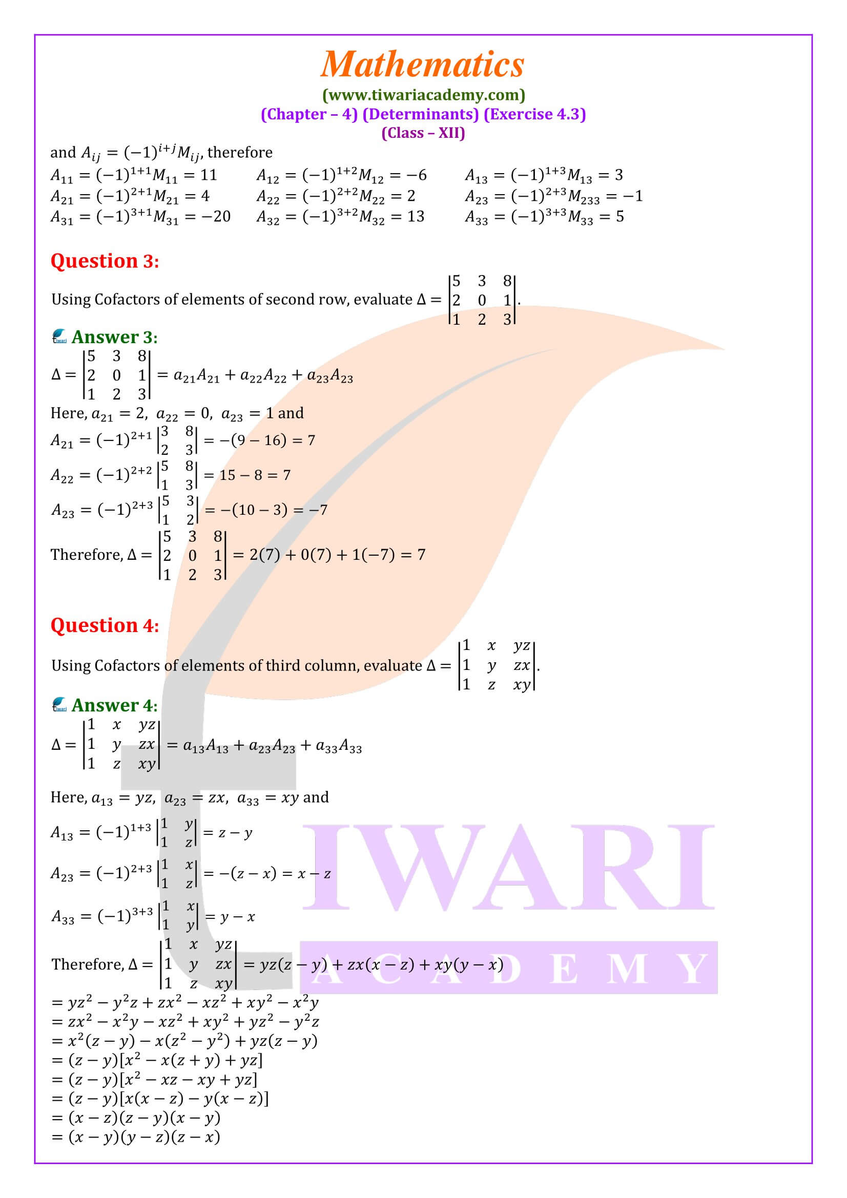 NCERT Solutions for Class 12 Maths Exercise 4.3