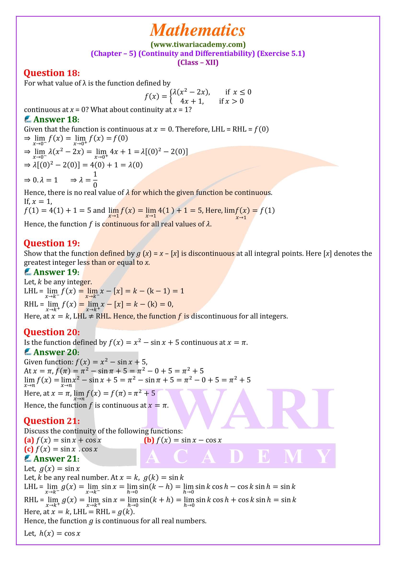 Class 12 Maths Exercise 5.1 question answers