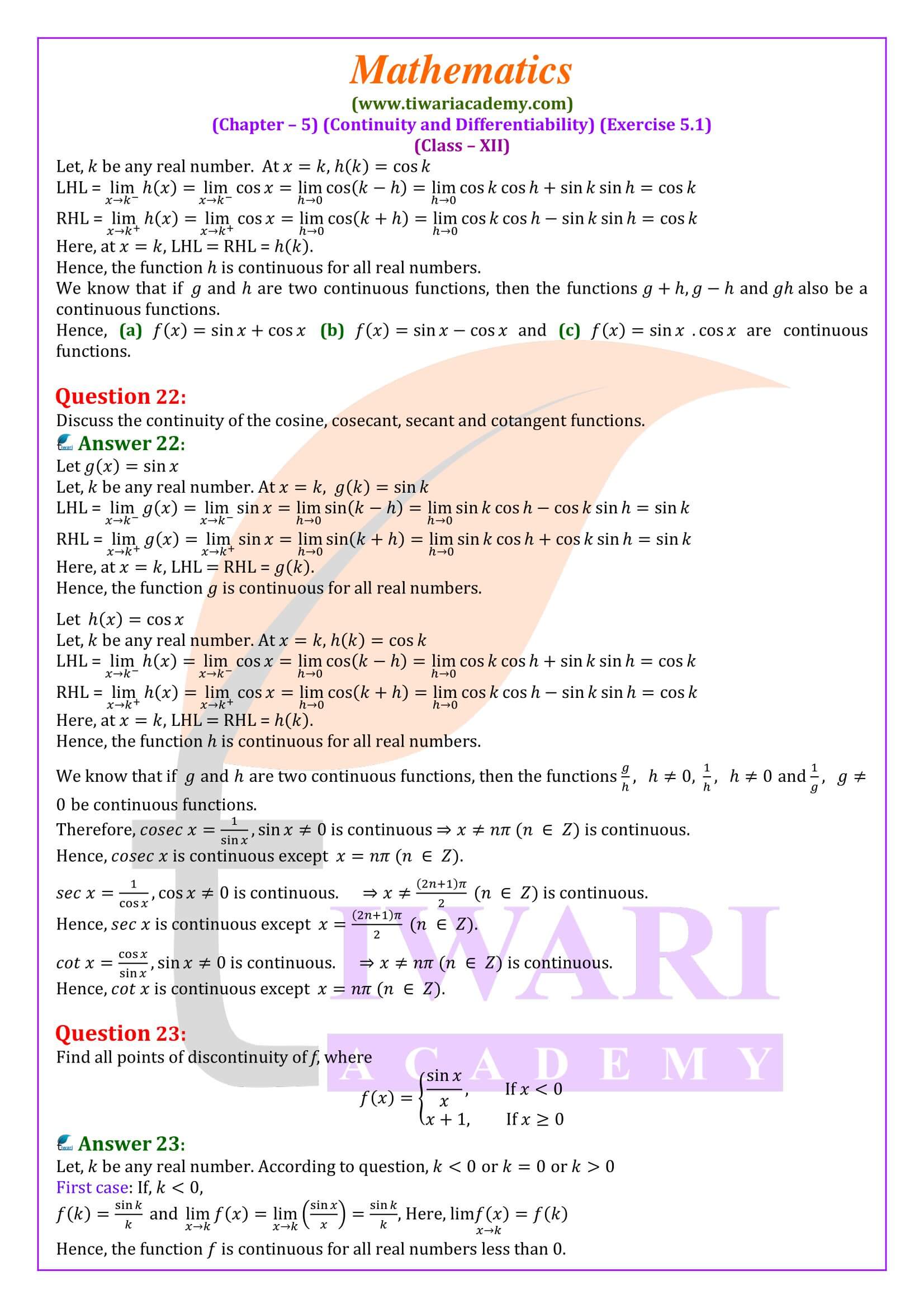 Class 12 Maths Exercise 5.1 soluutions in English