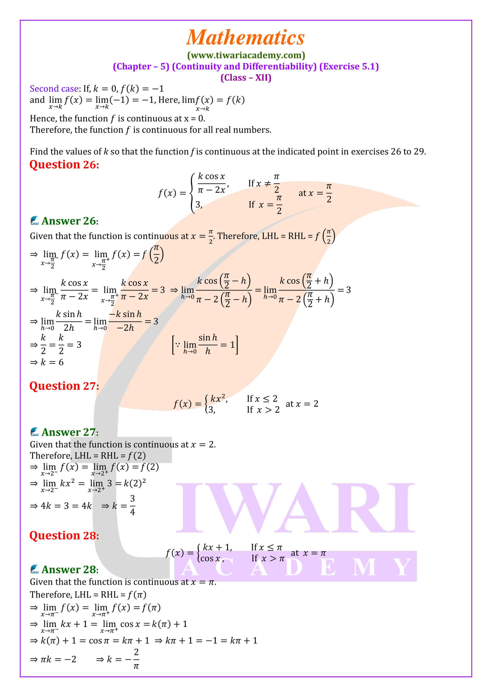 Ex. 5.1 of class 12 Maths