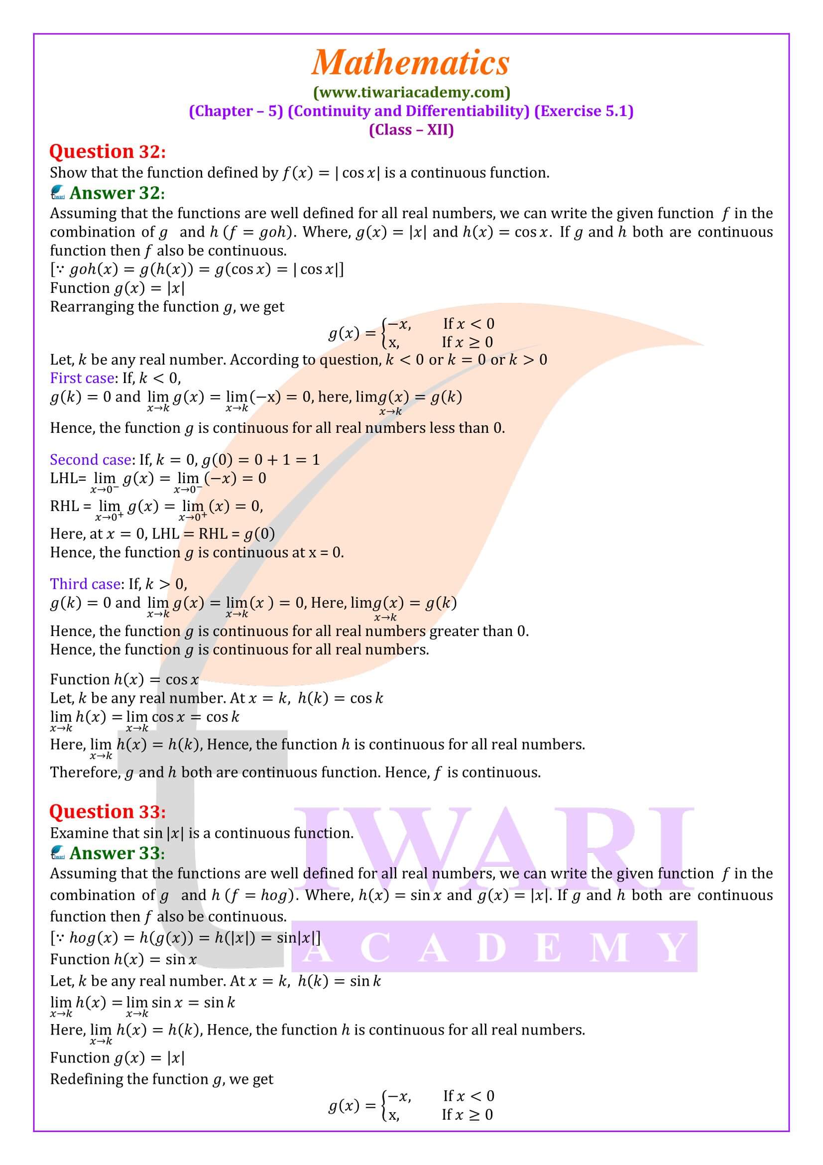 Class 12 Maths Exercise 5.1 updated