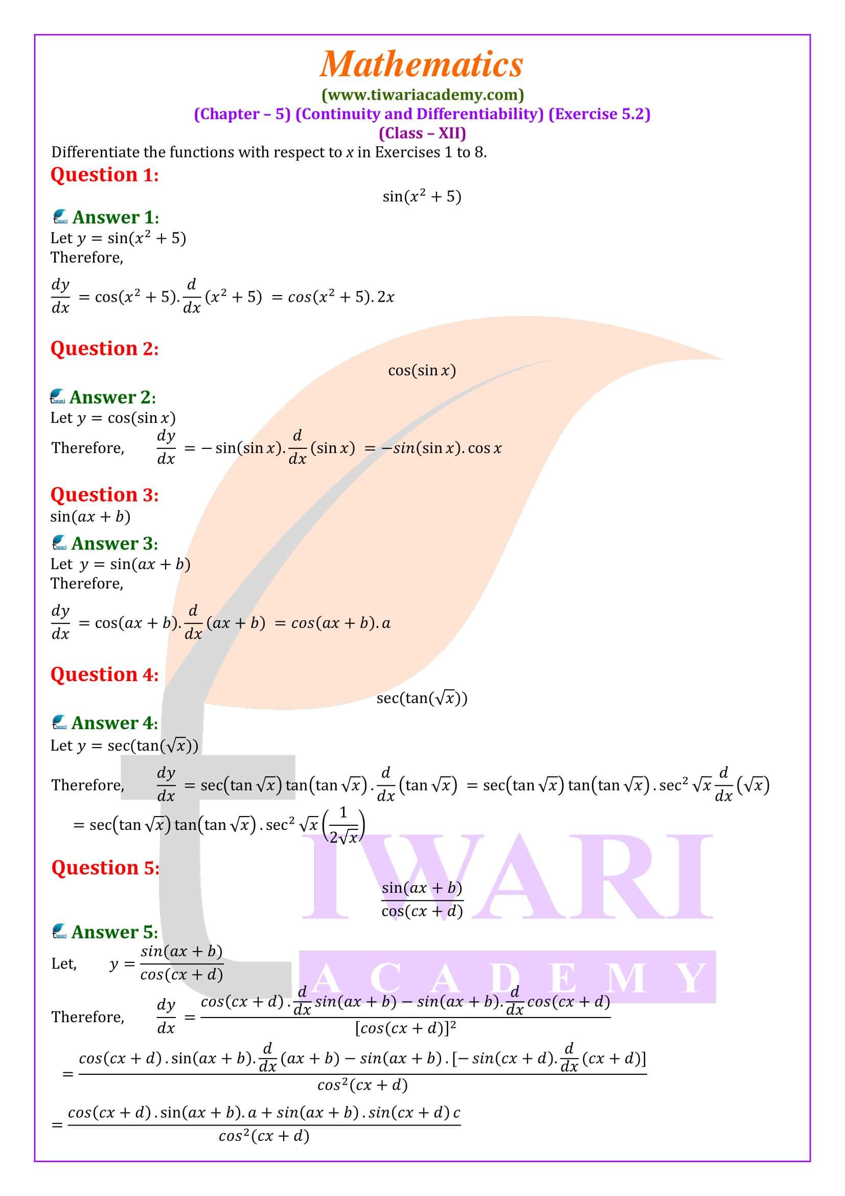 Class 12 Maths Exercise 5.2