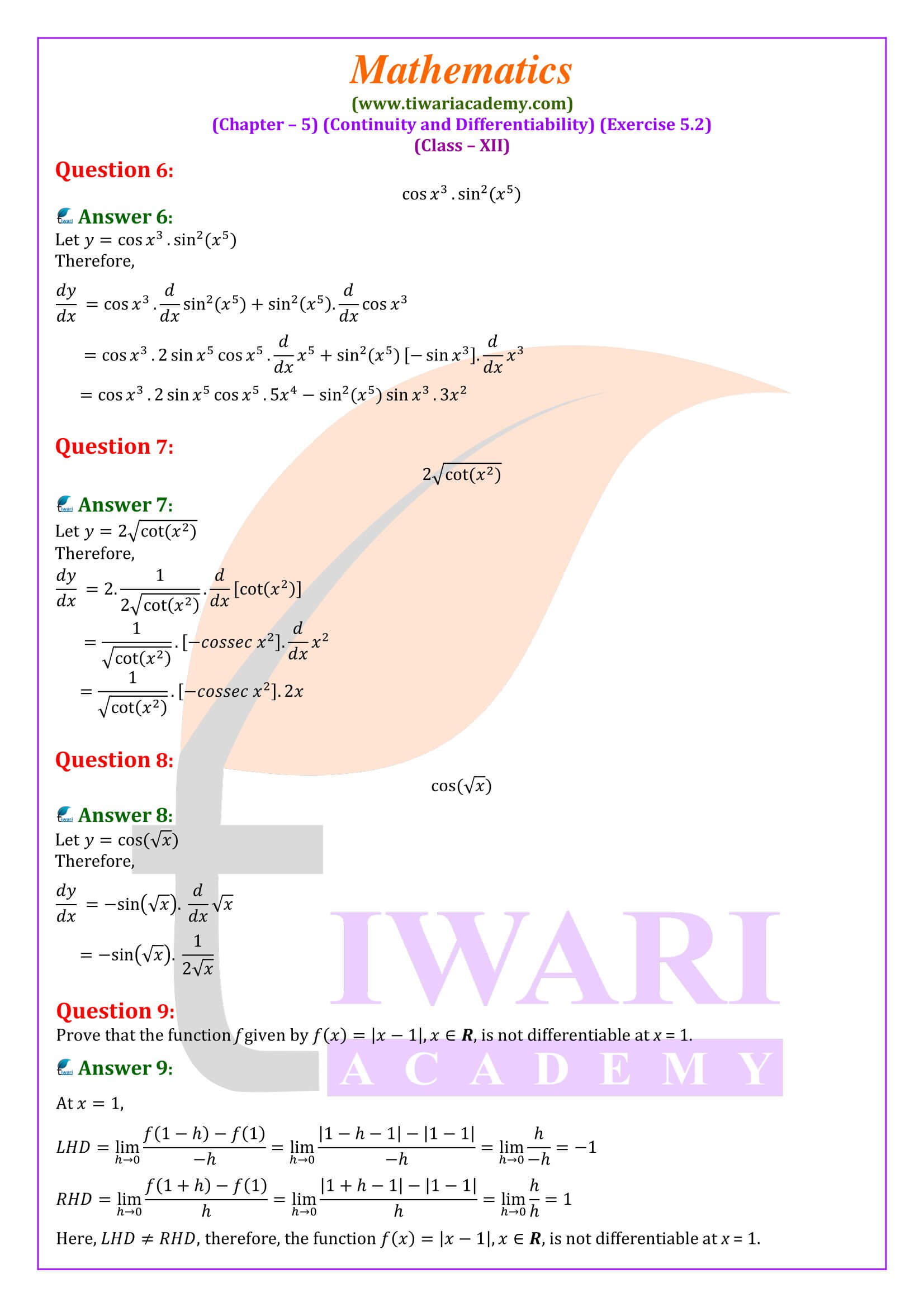 NCERT Solutions for Class 12 Maths Exercise 5.2