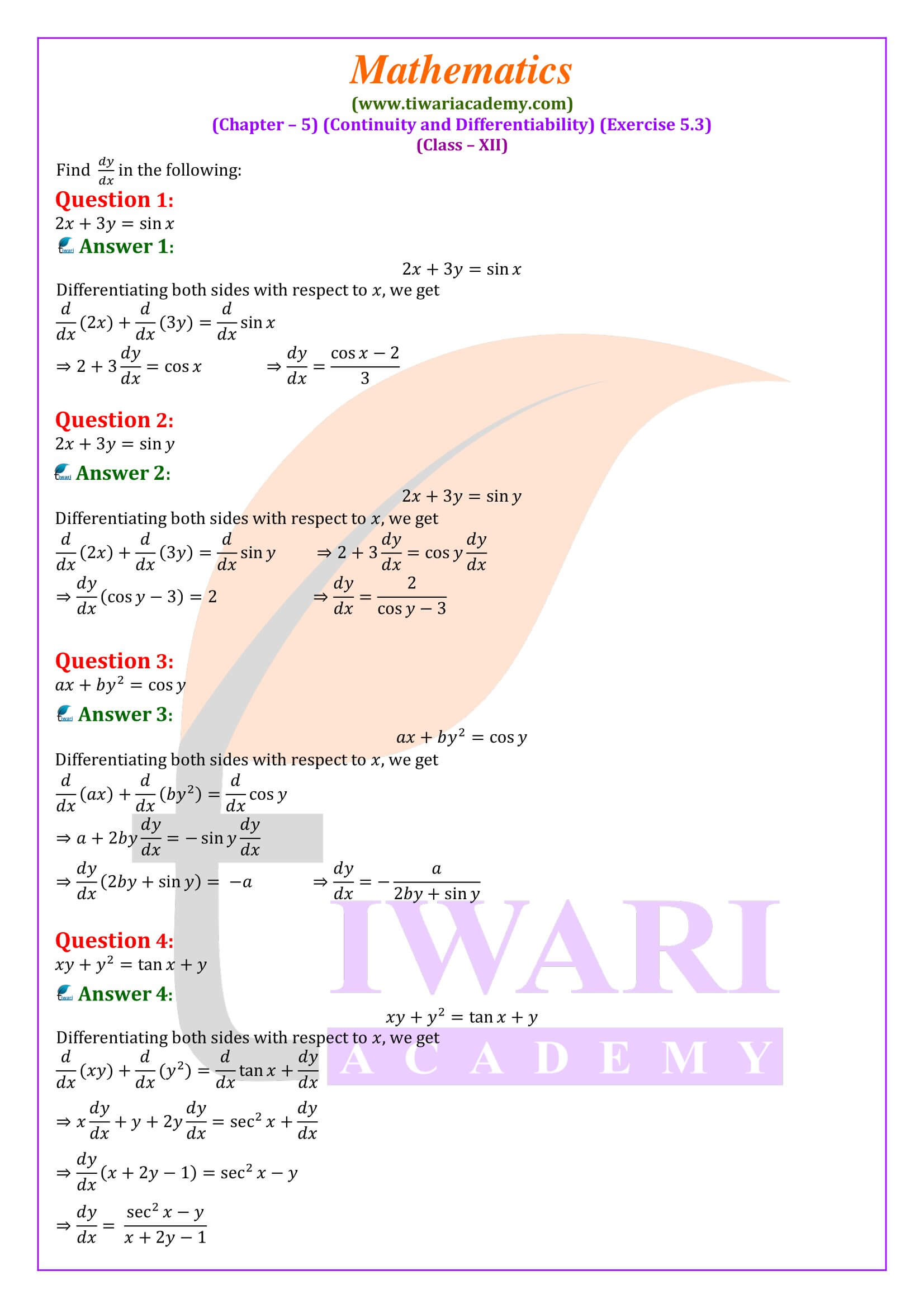 Class 12 Maths Exercise 5.3