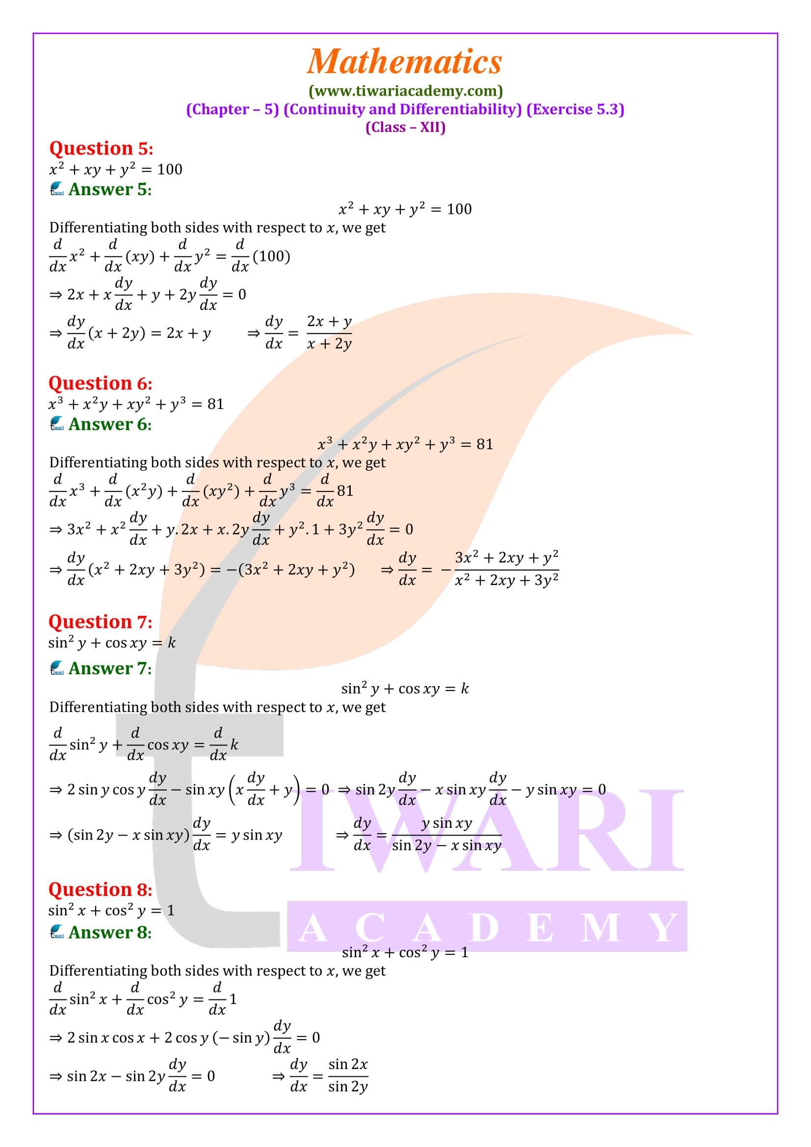 Class 12 Maths Exercise 5.3 in English Medium