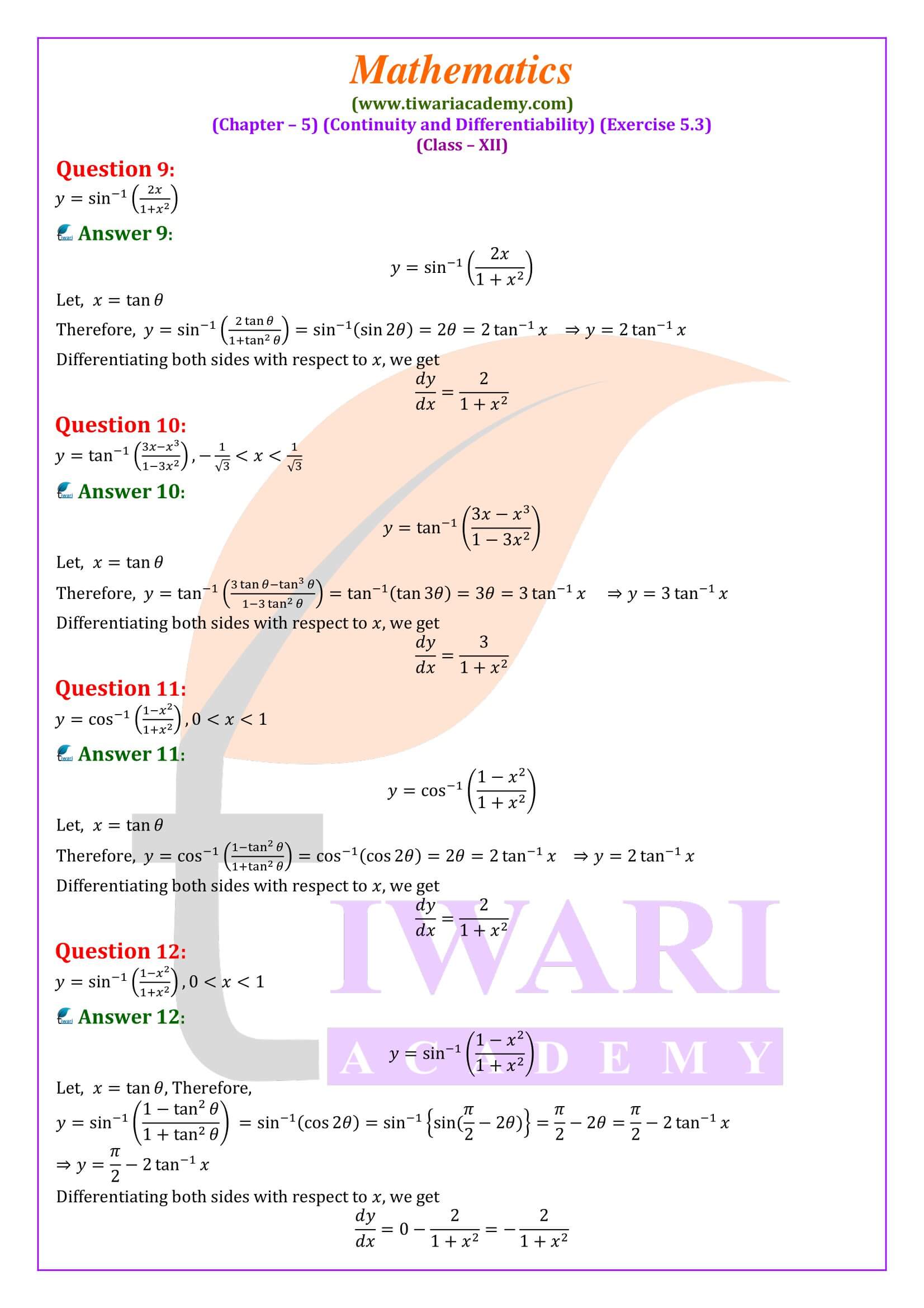 Class 12 Maths Exercise 5.3 updated for new session