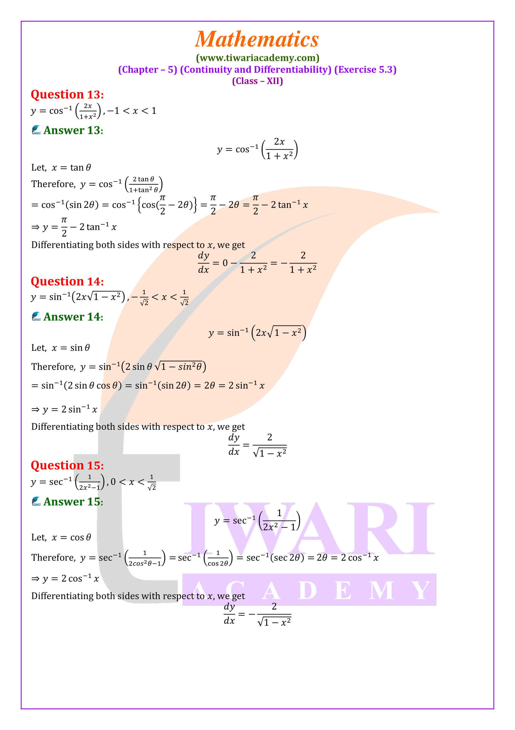 NCERT Solutions for Class 12 Maths Exercise 5.3