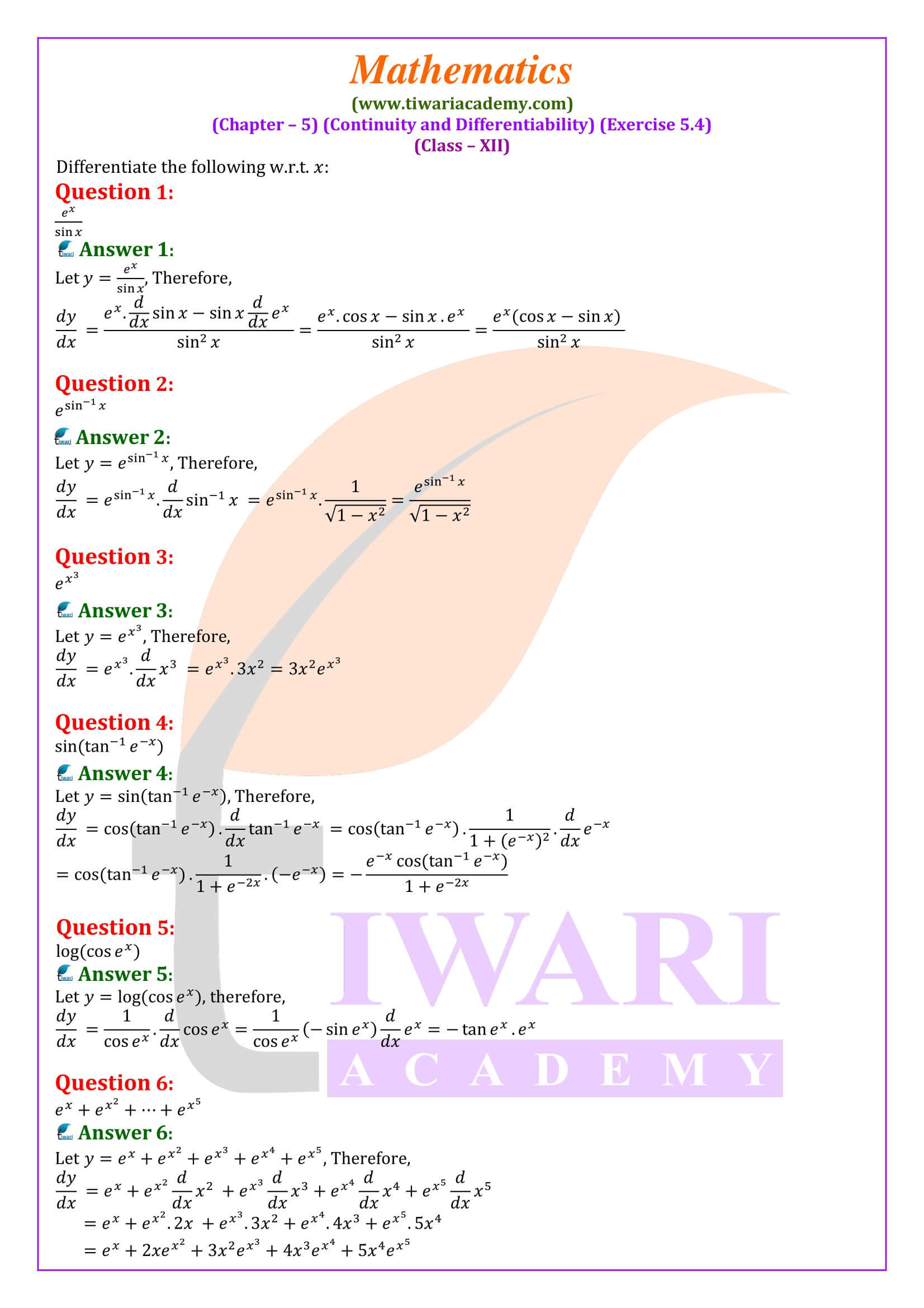 Class 12 Maths Exercise 5.4 in English Medium