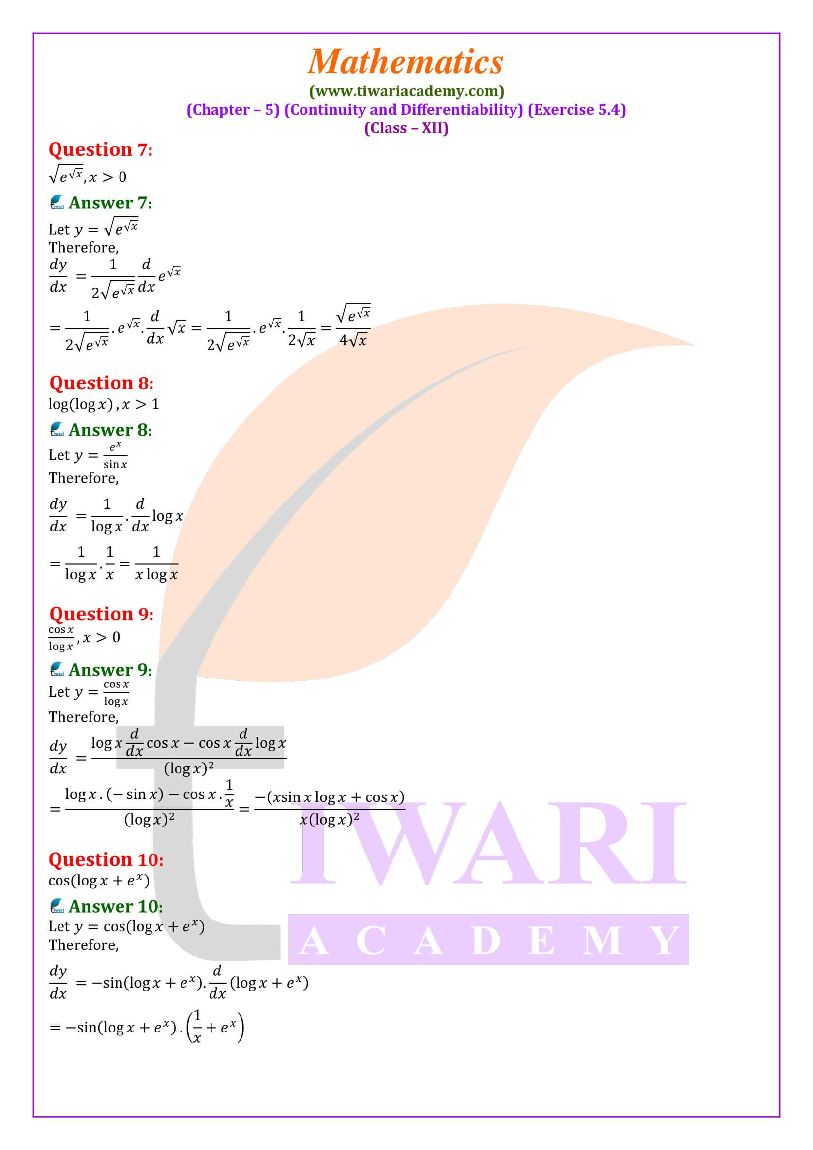 NCERT Solutions for Class 12 Maths Exercise 5.4