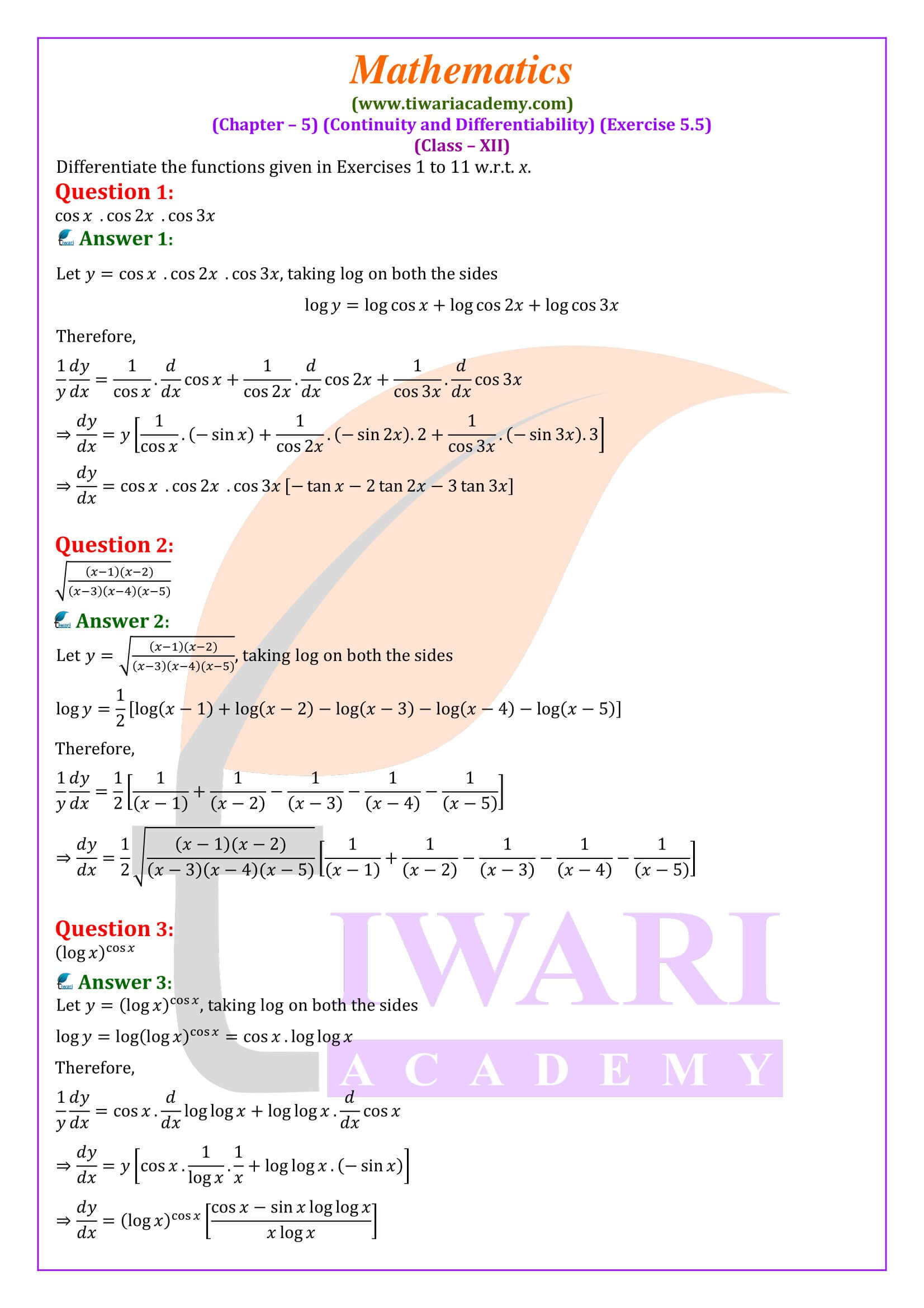Class 12 Maths Exercise 5.5