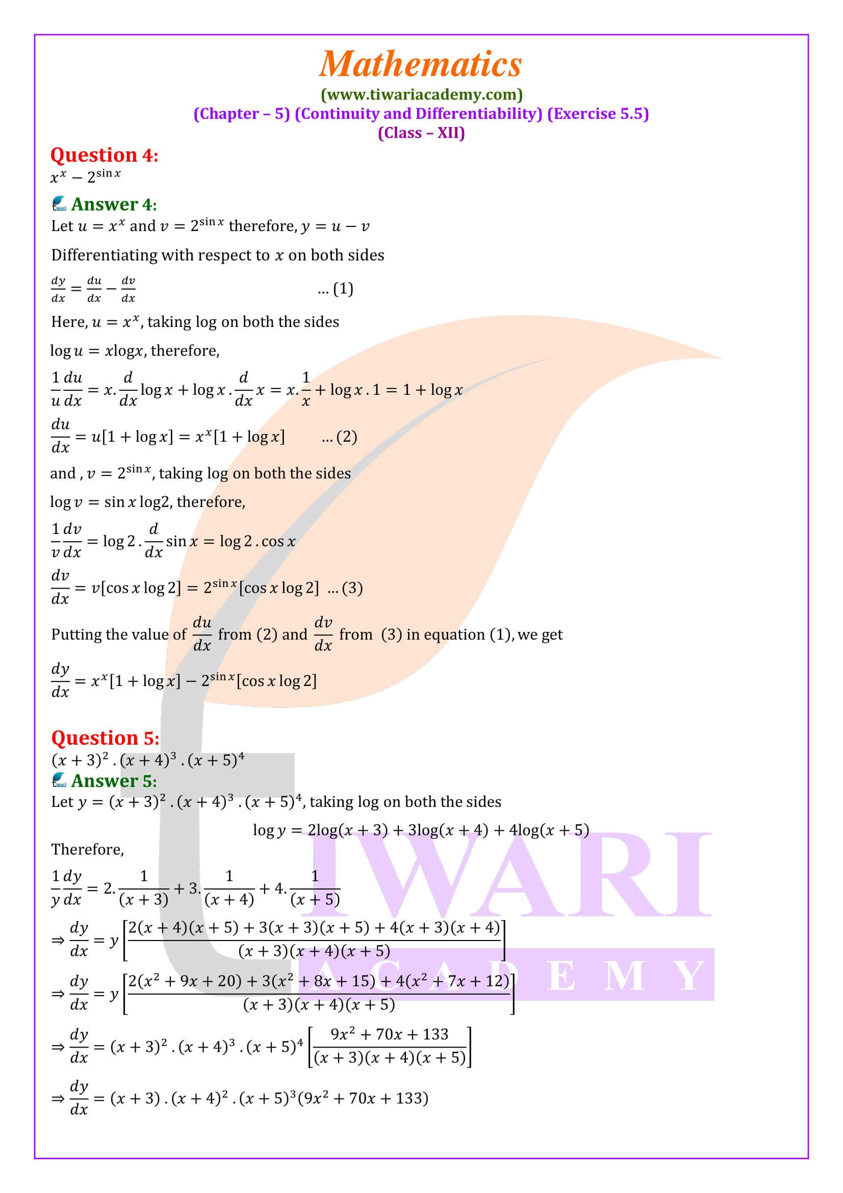 NCERT Solutionns for Class 12 Maths Exercise 5.5