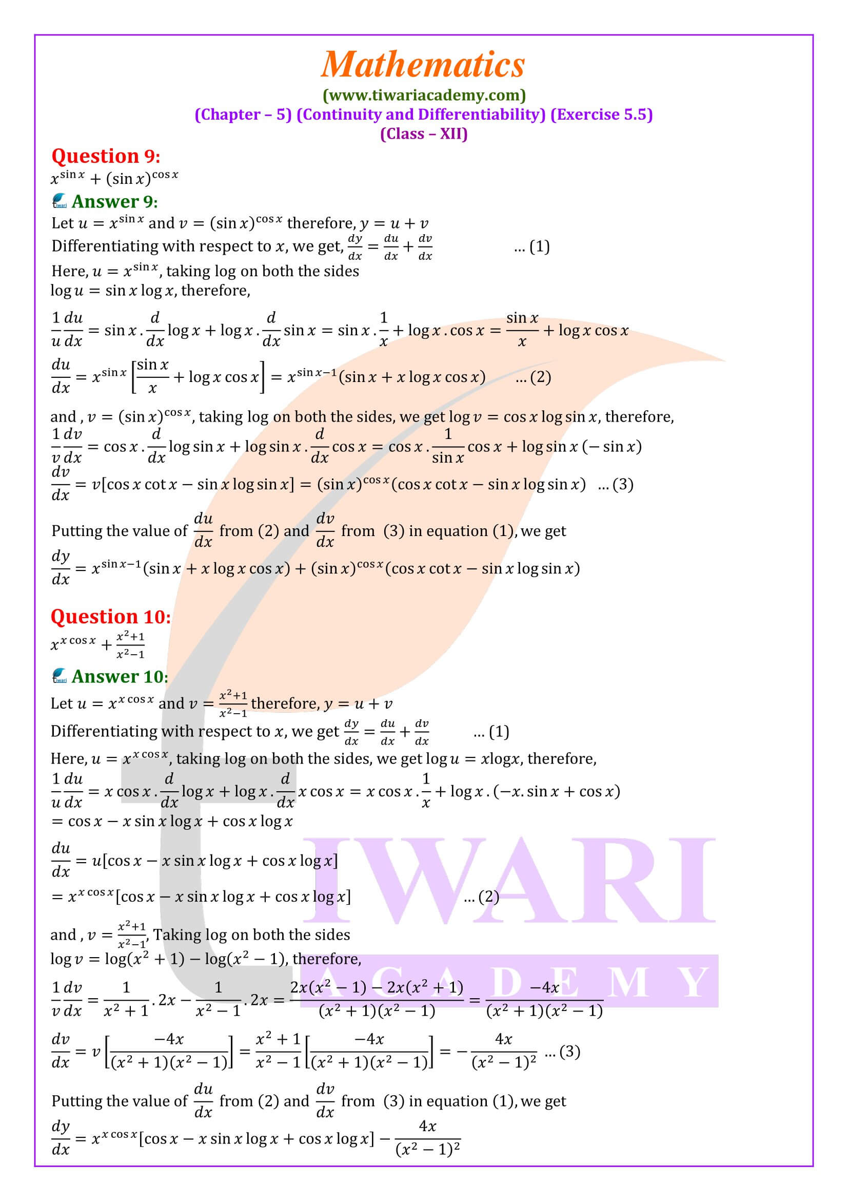 Class 12 Maths Exercise 5.5 solutions in English Medium