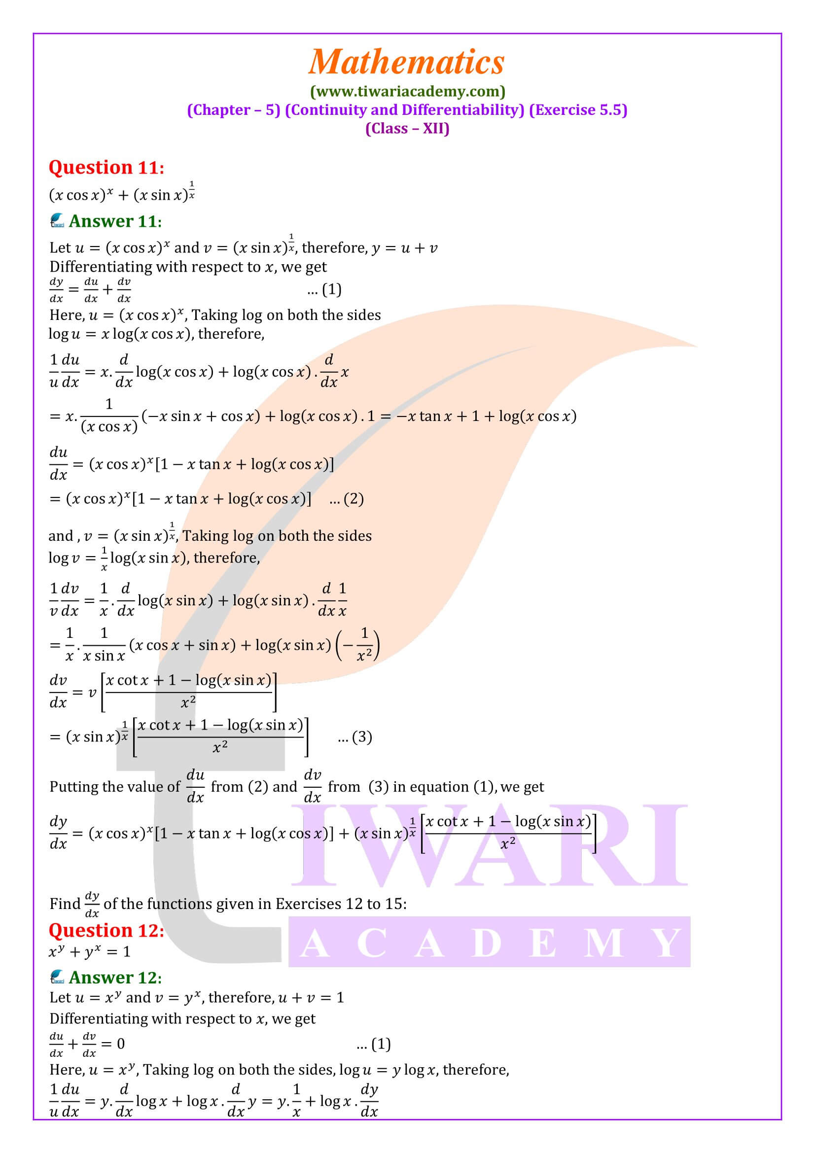Class 12 Maths Exercise 5.5 for new session