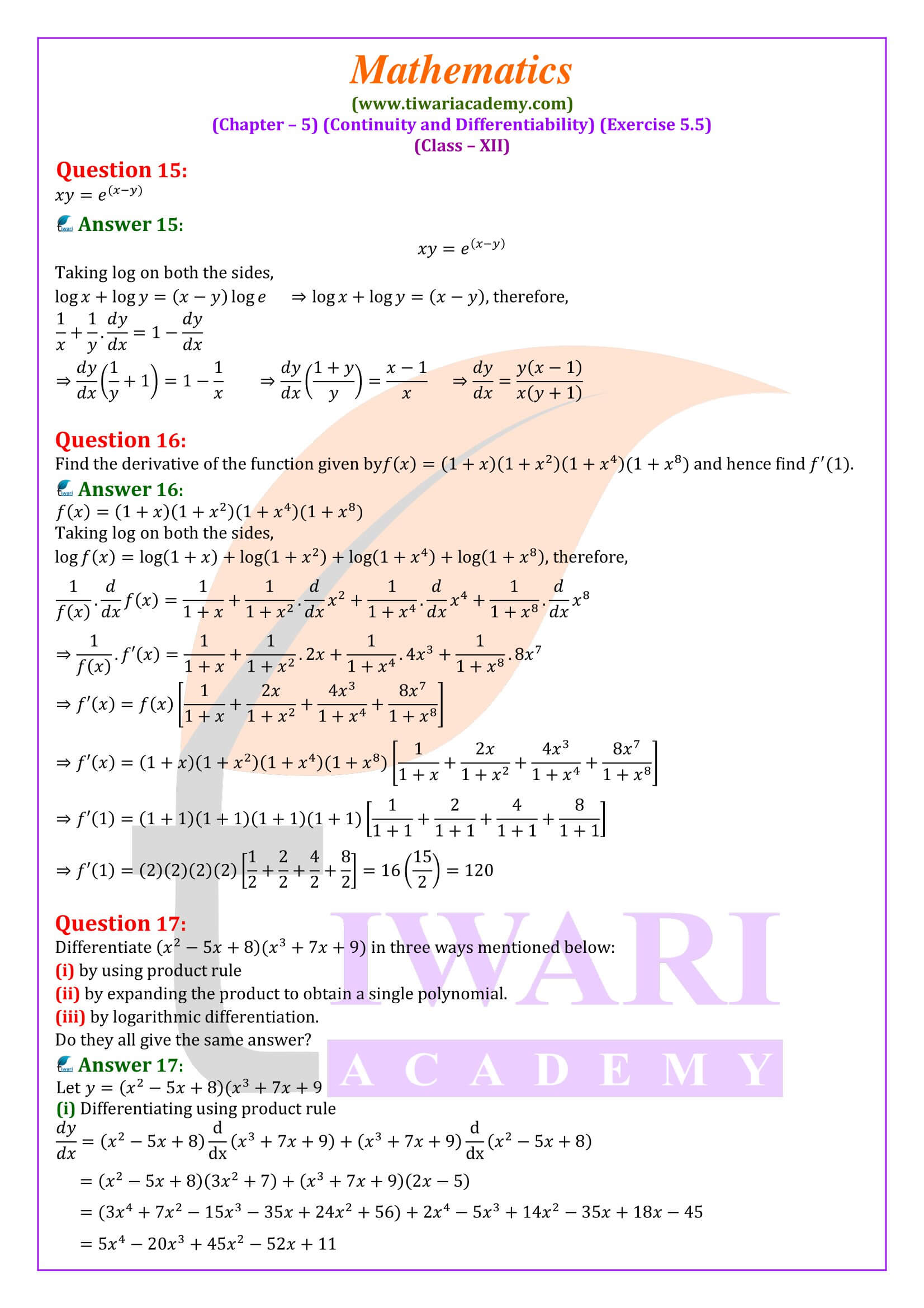 Class 12 Maths Exercise 5.5 solution guide