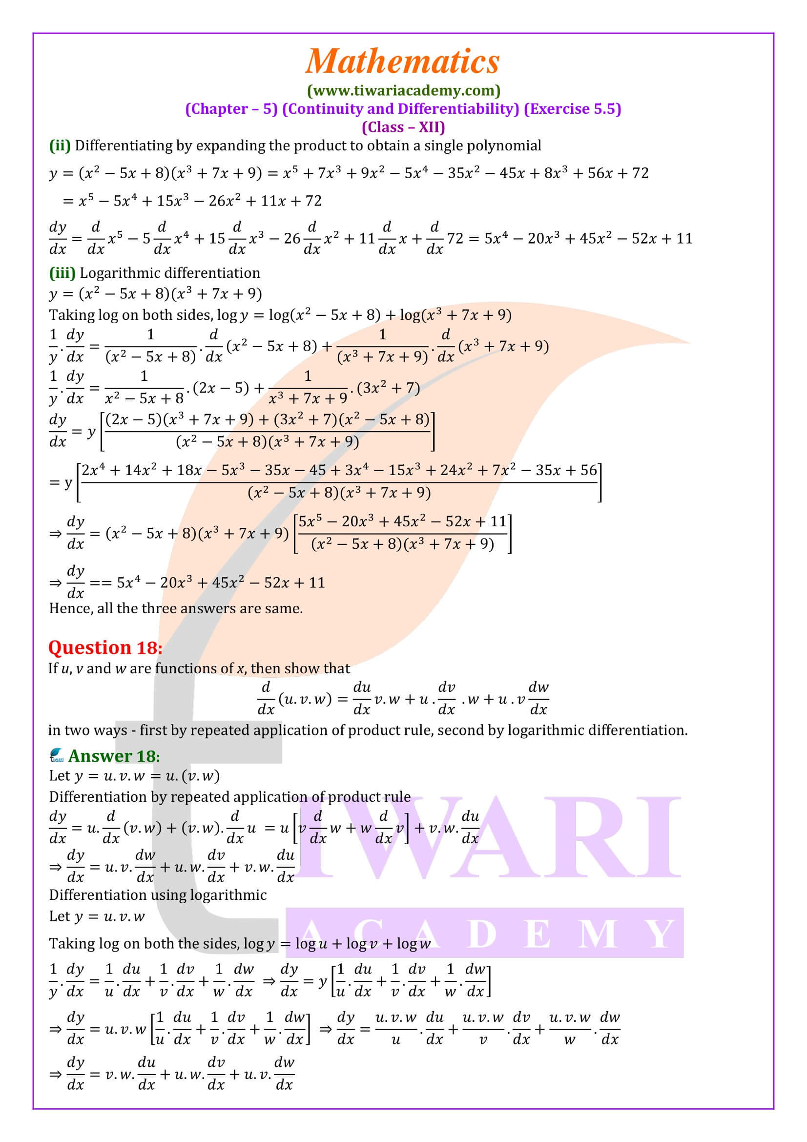 Class 12 Maths Exercise 5.5 updated