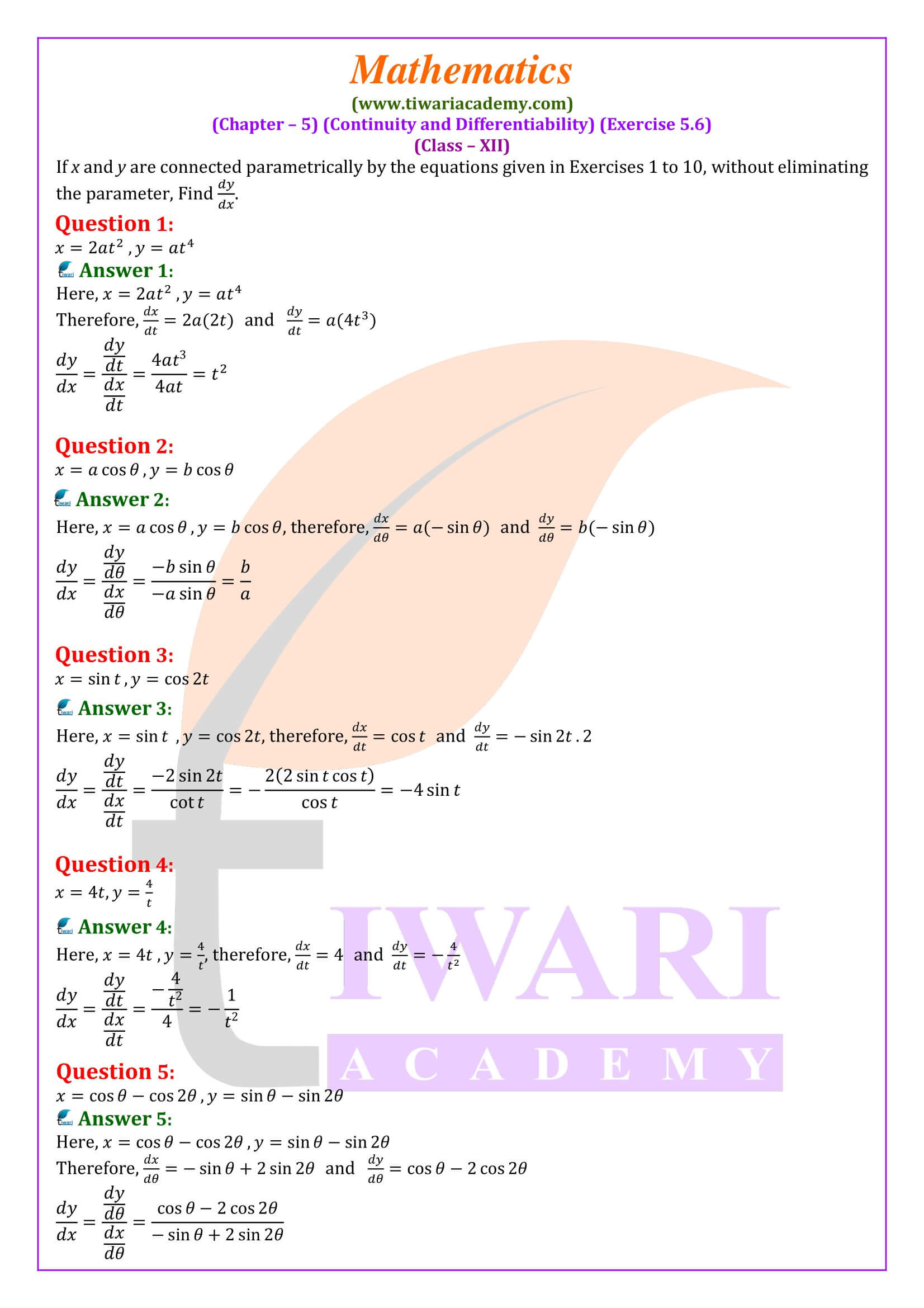 Class 12 Maths Exercise 5.6