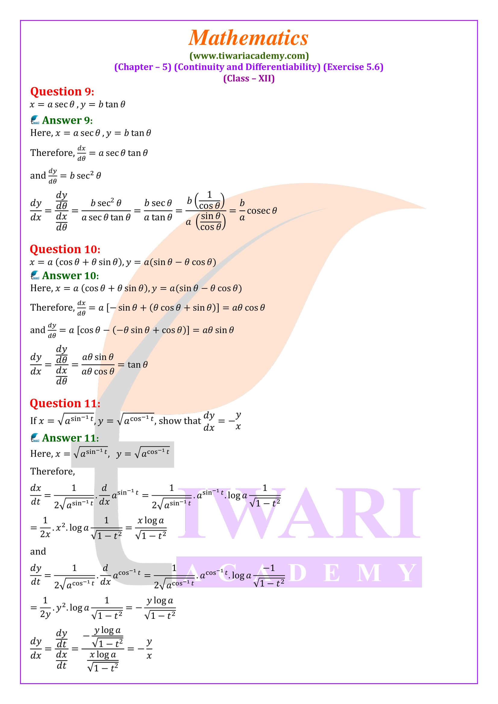 Class 12 Maths Exercise 5.6 in English Medium