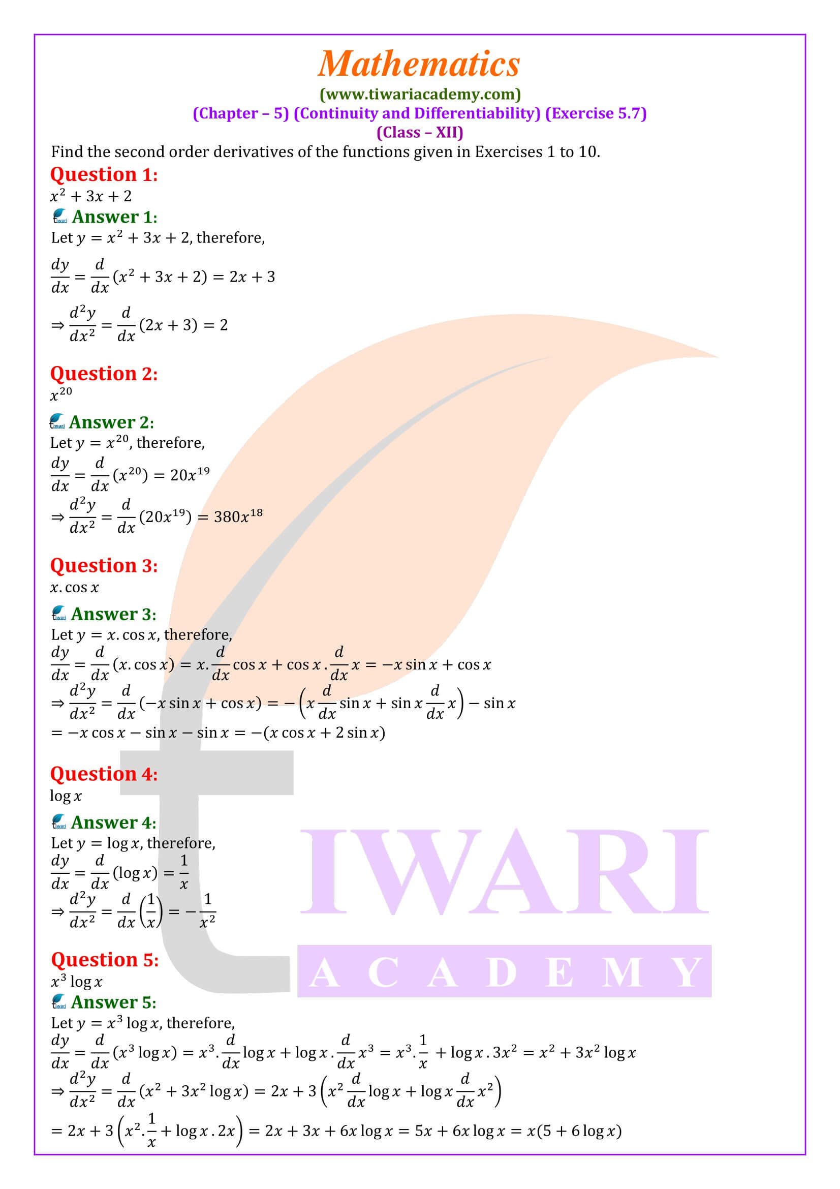 Class 12 Maths Exercise 5.7