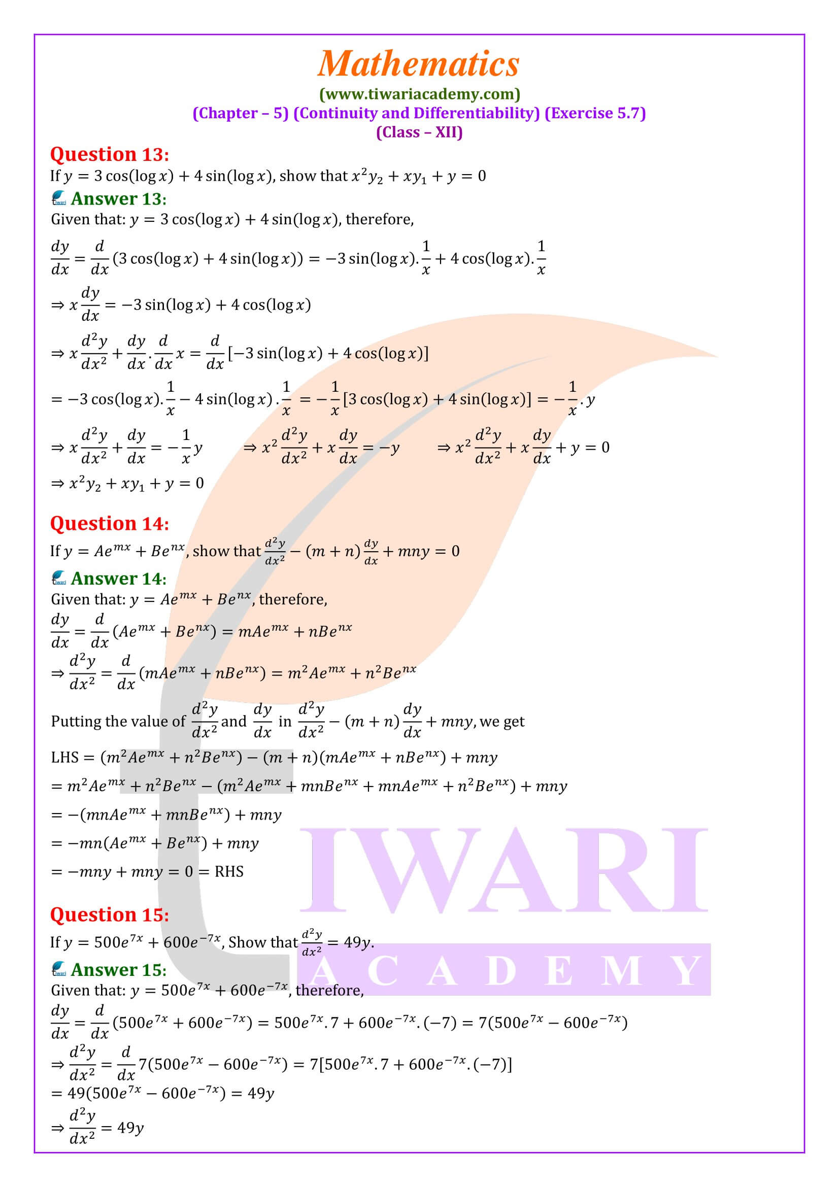 Class 12 Maths Exercise 5.7 in English Medium