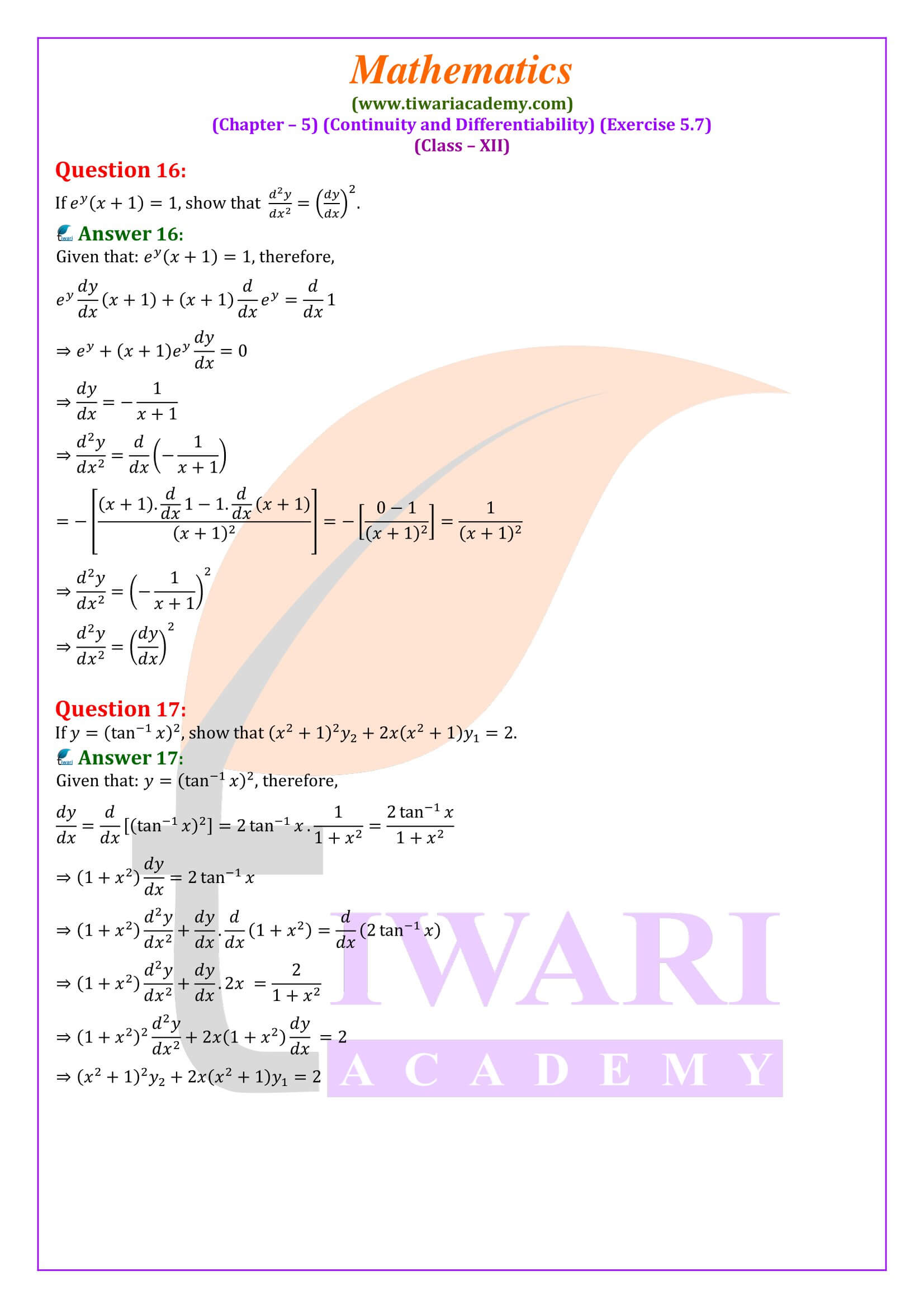 Class 12 Maths Exercise 5.7 updated