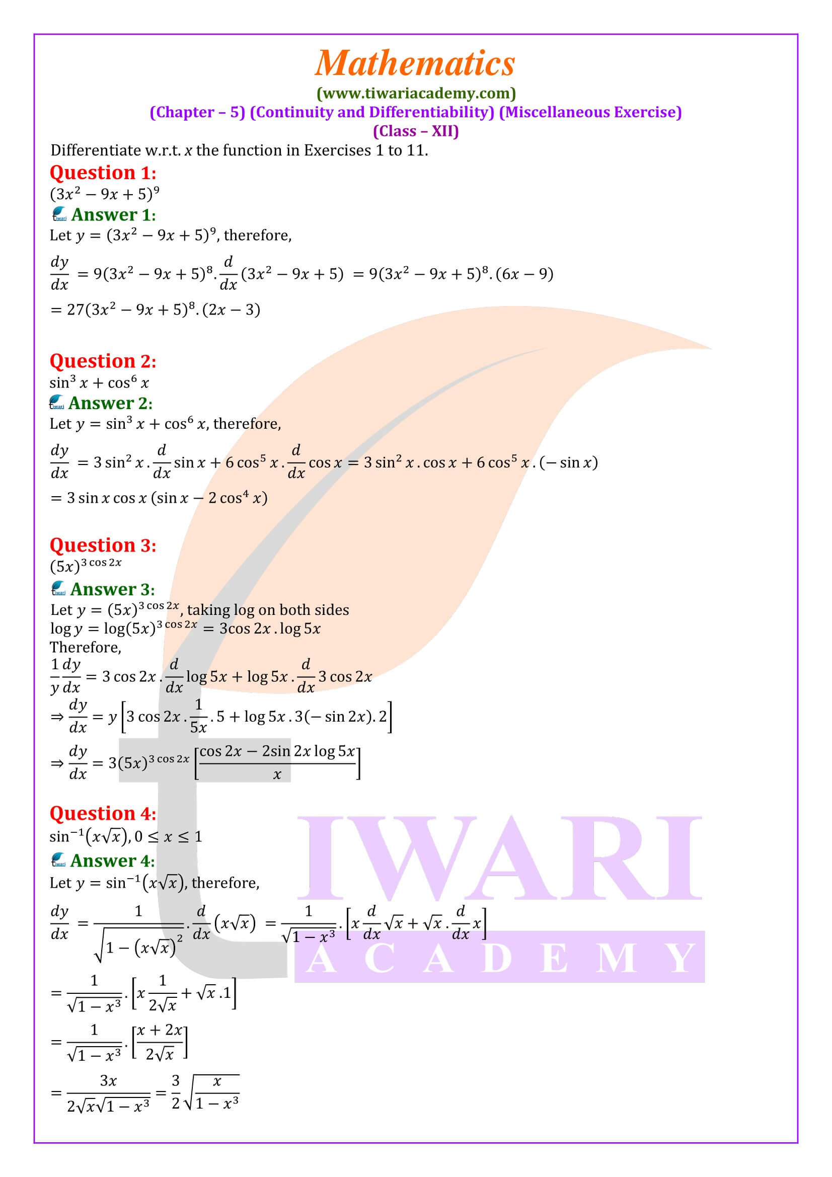 Class 12 Maths Chapter 5 Miscellaneous Exercise