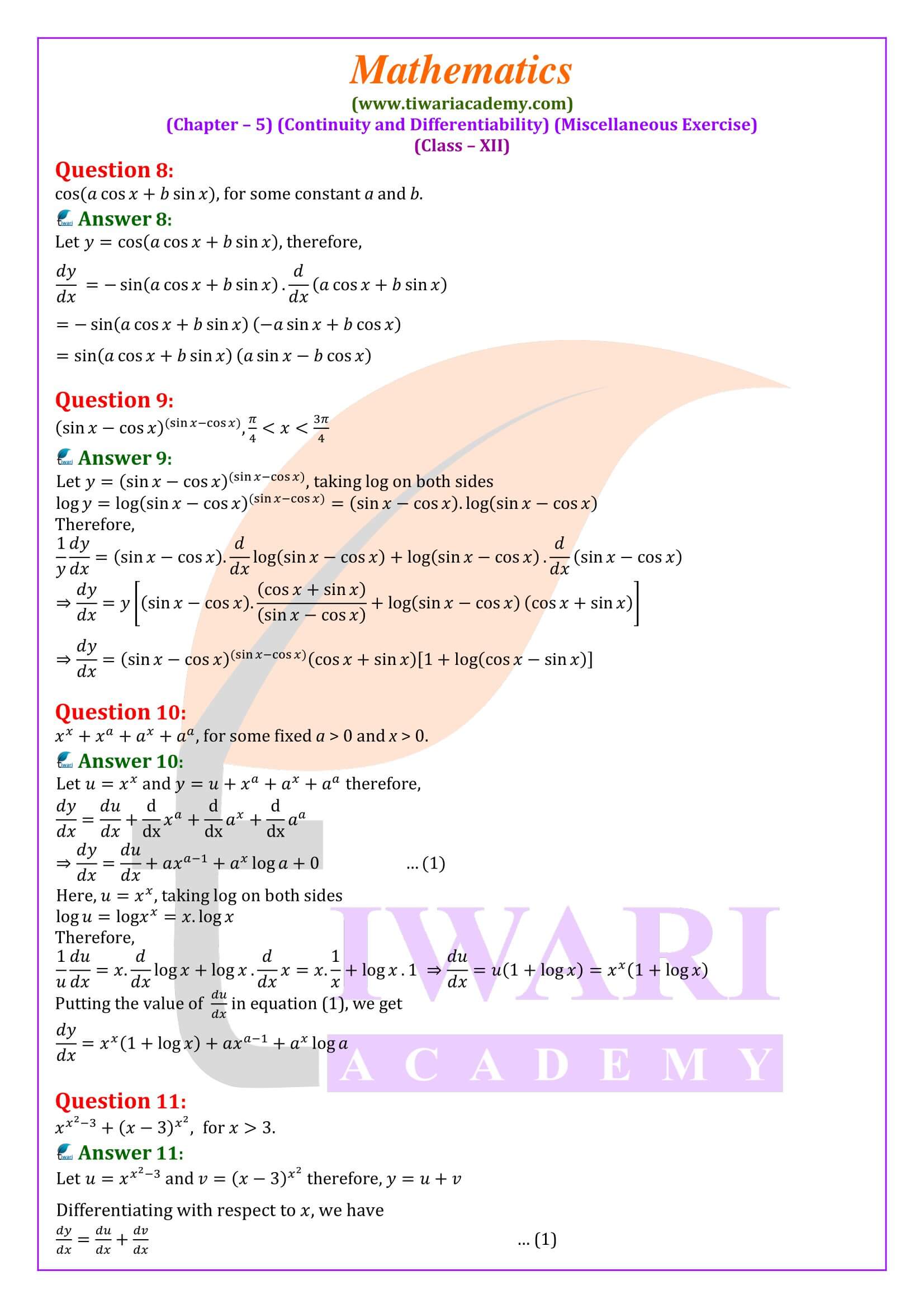 Class 12 Maths Chapter 5 Miscellaneous Exercise in English Medium